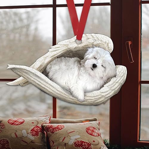 Miniatura 4 de Talataca Ángel dormido maltés conmemorativo blanco cachorro perro mascota lindo 2D plano coche espejo retrovisor accesorios de árbol de Navidad