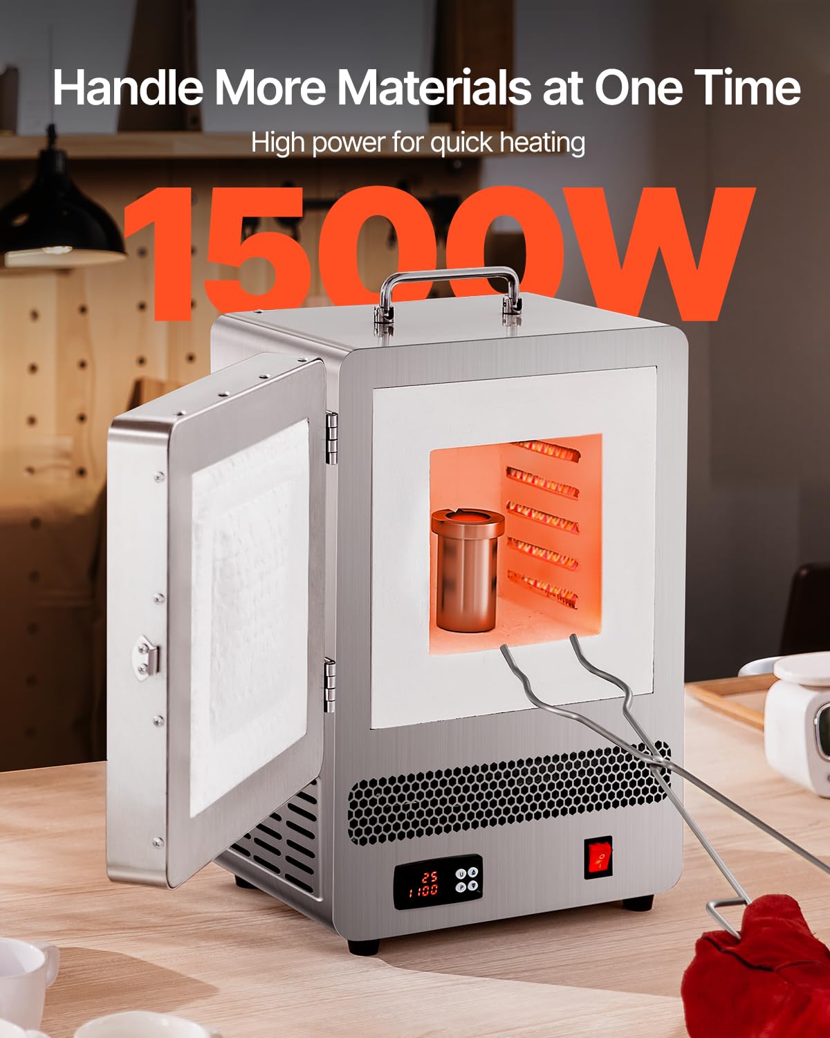 VEVOR Forno Fusione da Tavolo Elettrico da 1500 W, Temperatura Massima 1200 ℃, Acciaio Inox, Forno per Fusione dell'Oro, per Fusione della Cera, Argilla Fai da Te, Tempra dei Metalli