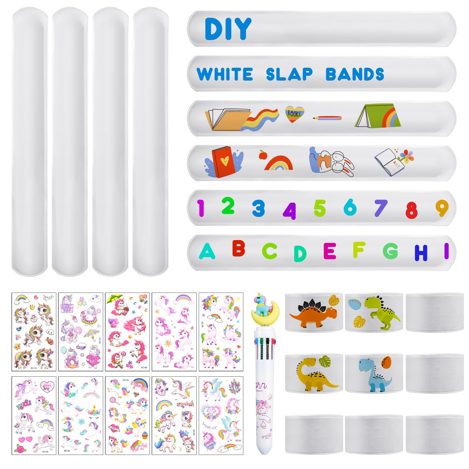 WleCrtl 24Pcs DIY Slap Bands, White Slap Bracelets for Party Bags Fillers, Slap Wristbands for Kids Boys Girls, Pen and Cartoon Tattoo Sticker for Birthday Christmas Party Favors
