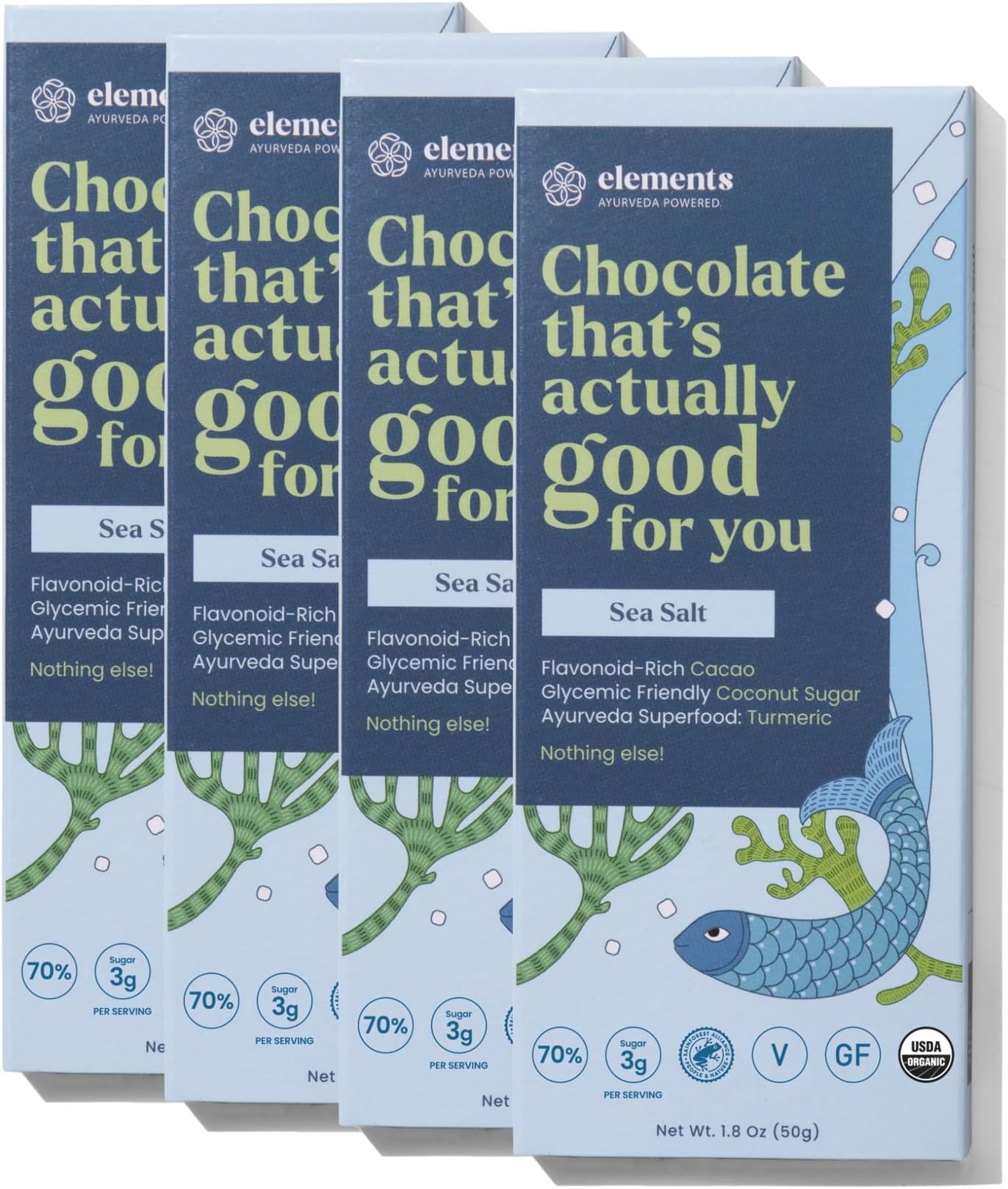 Sea Salt Flavoured Dark Chocolate Bar| Ayurvedic, Vegan & Gluten Free | No Refined Sugar & Artificial Flavours | Enriched with Cocoa, Coconut Sugar & Turmeric 50g (Pack of 4)