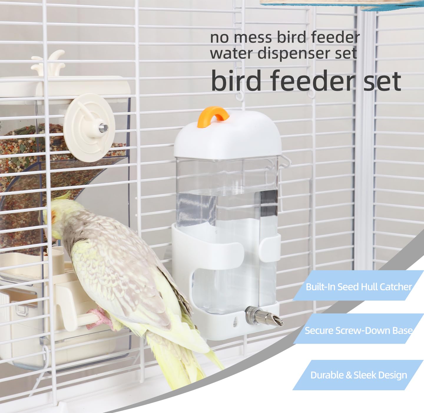 No-Mess Bird Feeder & Waterer Set for Cage, 300ml Auto Feeder with Seed Hull Catcher & 400ml Stainless Steel No-Backflow Drinker, for Cockatiels Conures Parakeets - image 2
