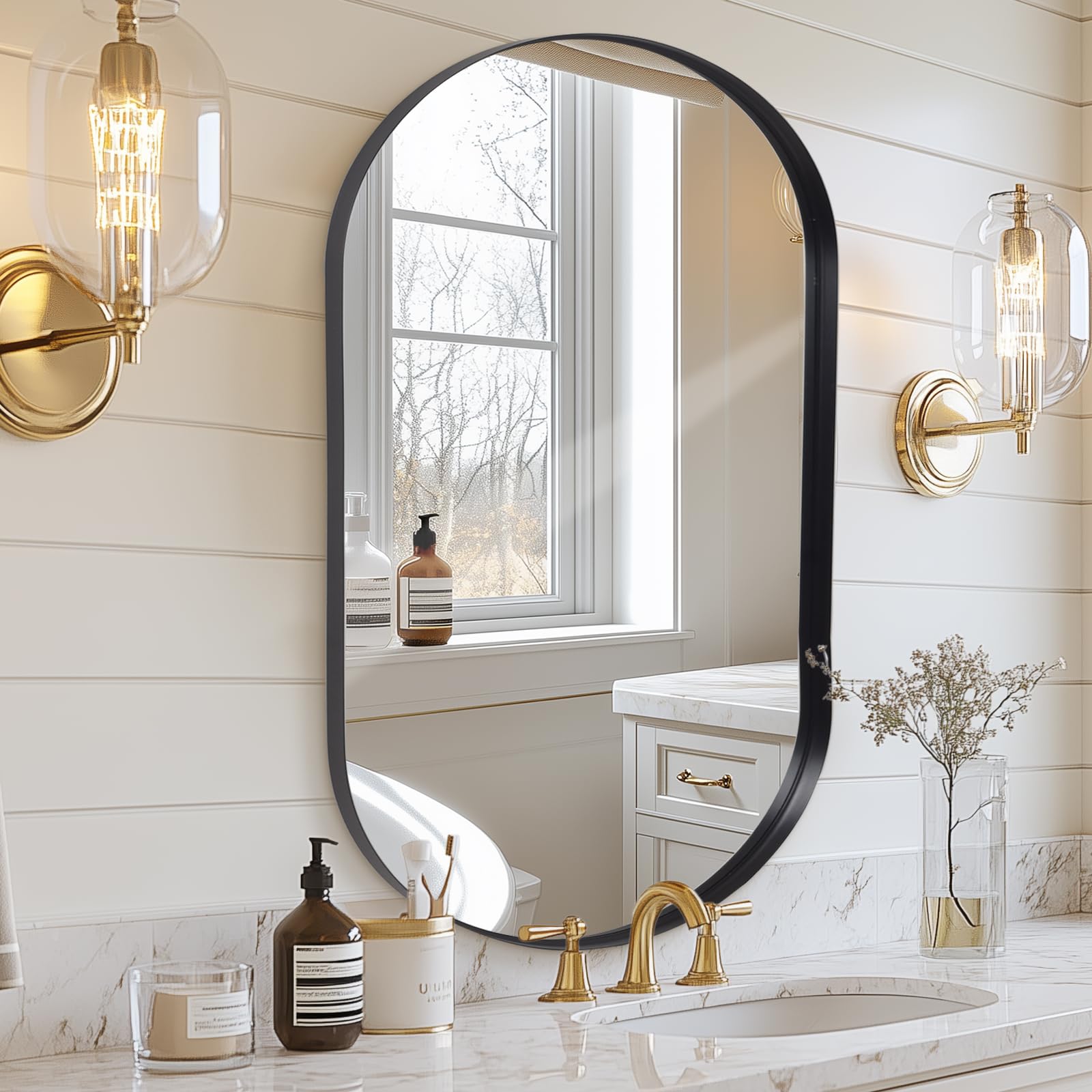 Melodieux Black Bathroom Vanity Mirror for Wall, 60x90 cm Metal Framed Wall Mirror Oval, Decorative Mirror for Bedroom Living Room Entryway Horizontally or Vertically
