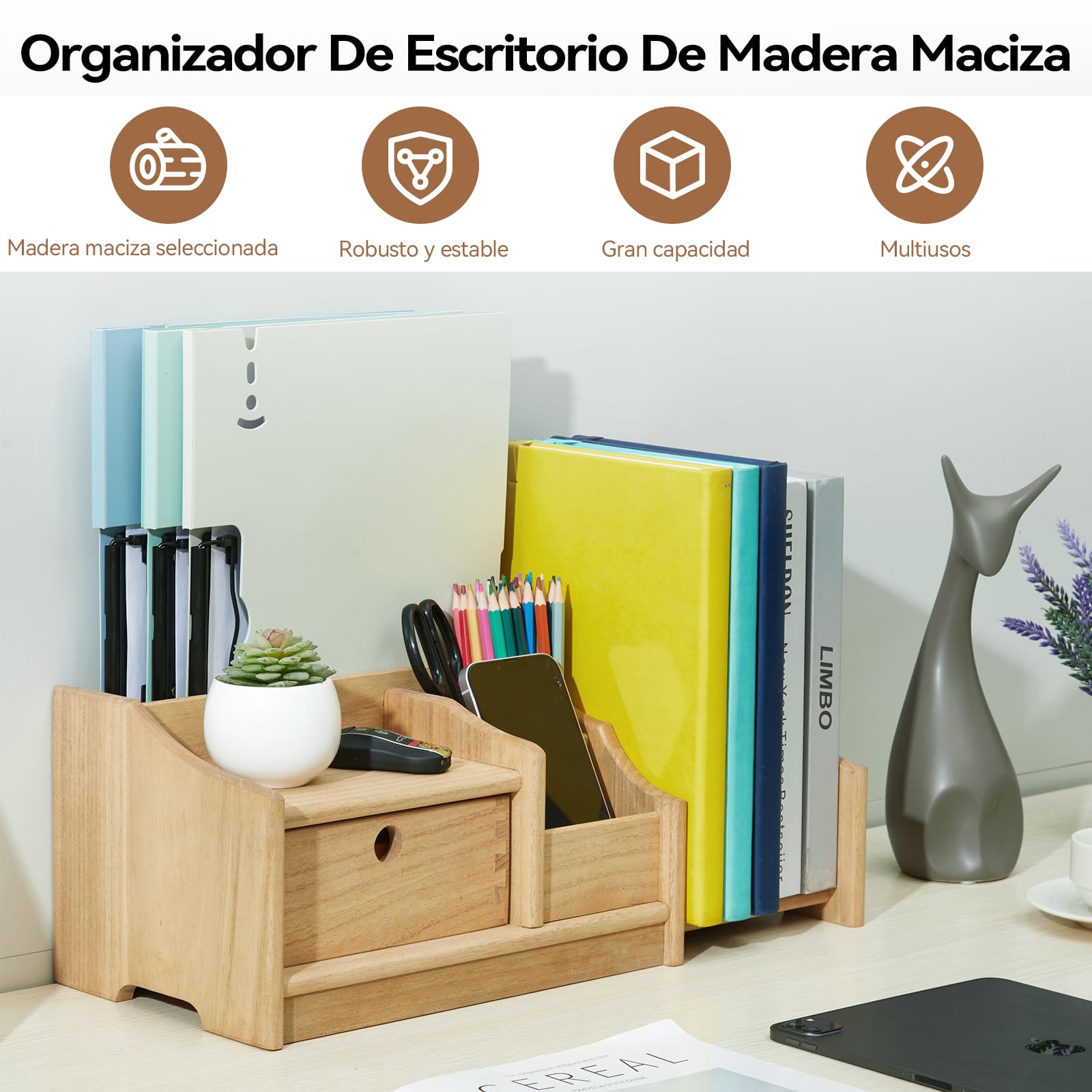 KIRIGEN Estantería de Madera, Organizador de Escritorio Ajustable, Natural