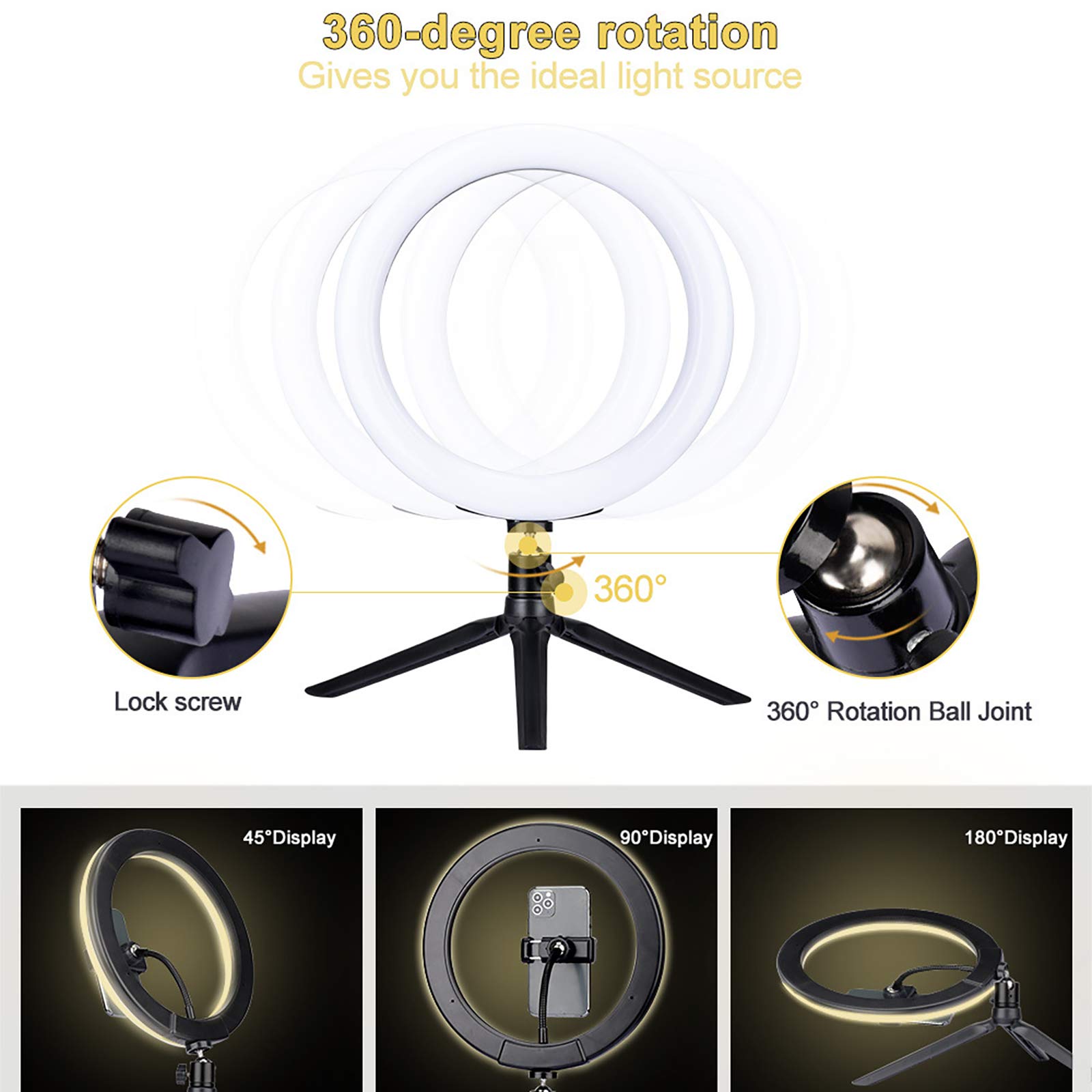 Luce ad Anello, Luce ad Anello a LED da 10 Pollici con 10 Colori RGB dimmerabili e 10 Livelli di luminosità, con Supporto per treppiede per Trucco Live Streaming Video Photography
