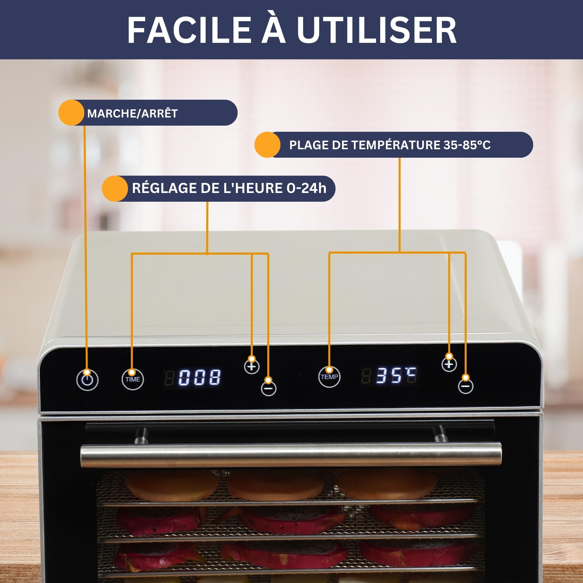 Sommertal Silence 700 XXL avec 8 grilles de séchage en acier inoxydable, affichage LED, minuterie de 24 heures, réglage de la température de (35 °C à 85 °C), avec livre de cuisine, déshydrateur