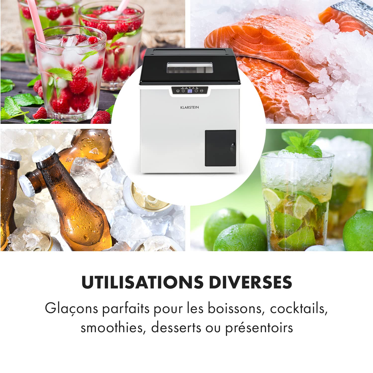 Klarstein Machine a Glacons pour la Maison, Capacité de 3L, Fabrique Rapidement Jusqu'à 20kg de Glacons Concassée ou en Balles, Machine à Glaçons, Ice Maker avec Alarme Securité et Autonettoyante