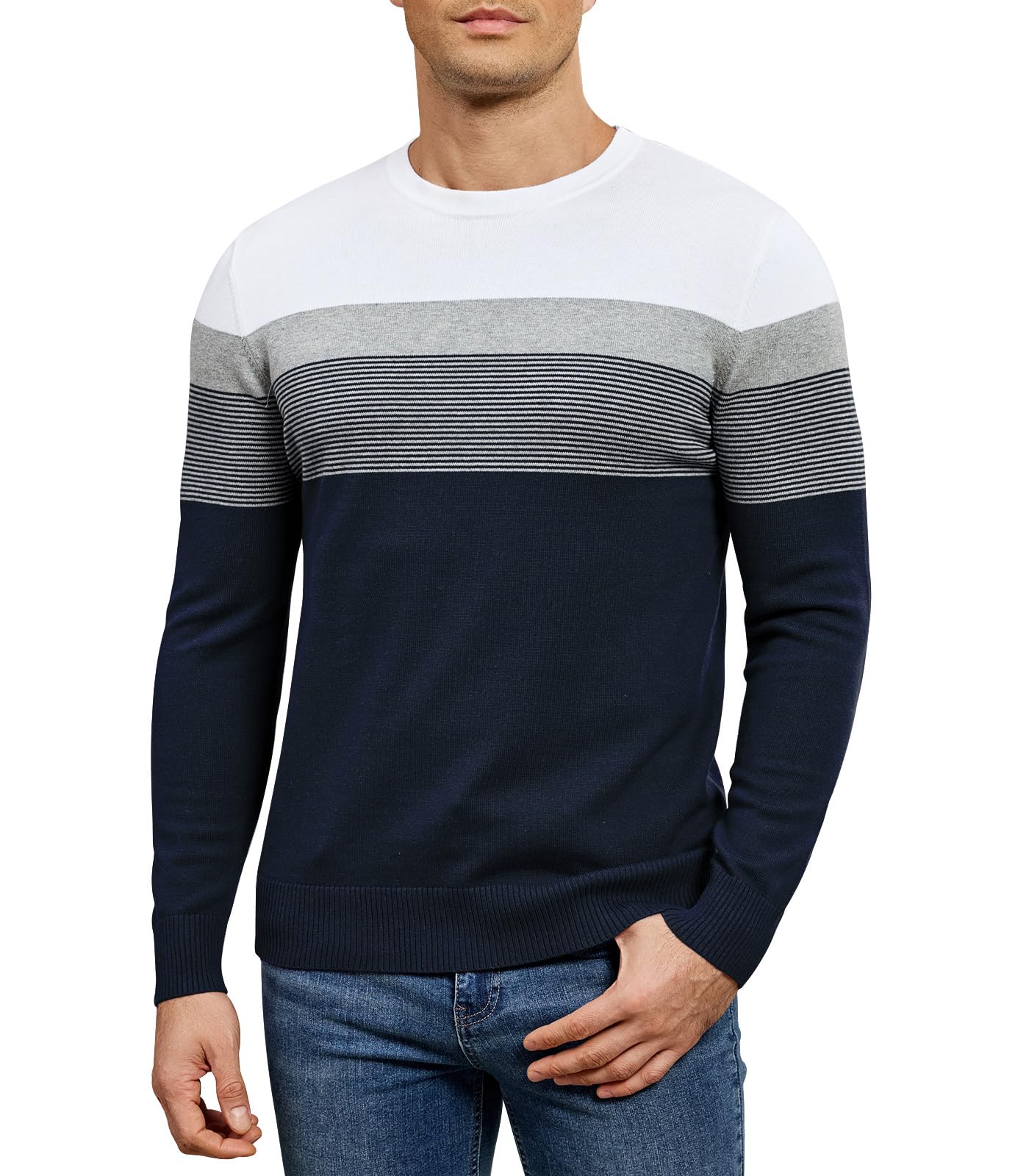 Genfien Hommes Pull à Col Rond et Manches Longues Chaud Pulls en Tricot Rayé Decontracté Sweater Casual 100% Coton