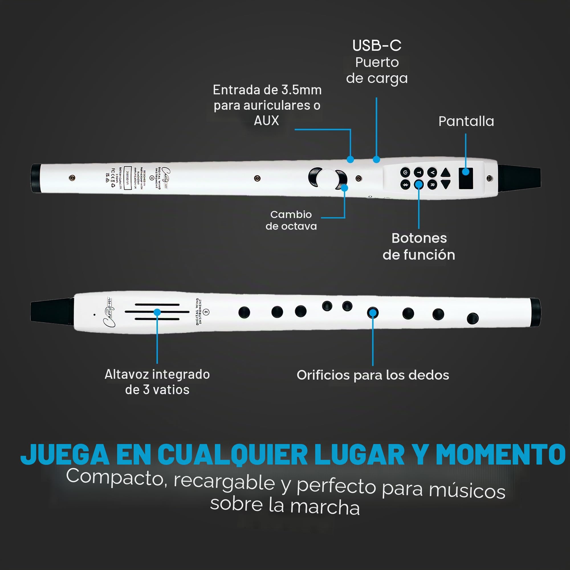 Carry-on Instrumento de viento digital de 2 a 10 voces, batería recargable USB integrada, salida de auriculares para práctica silenciosa, grabadora digital midi a través de Bluetooth, color blanco