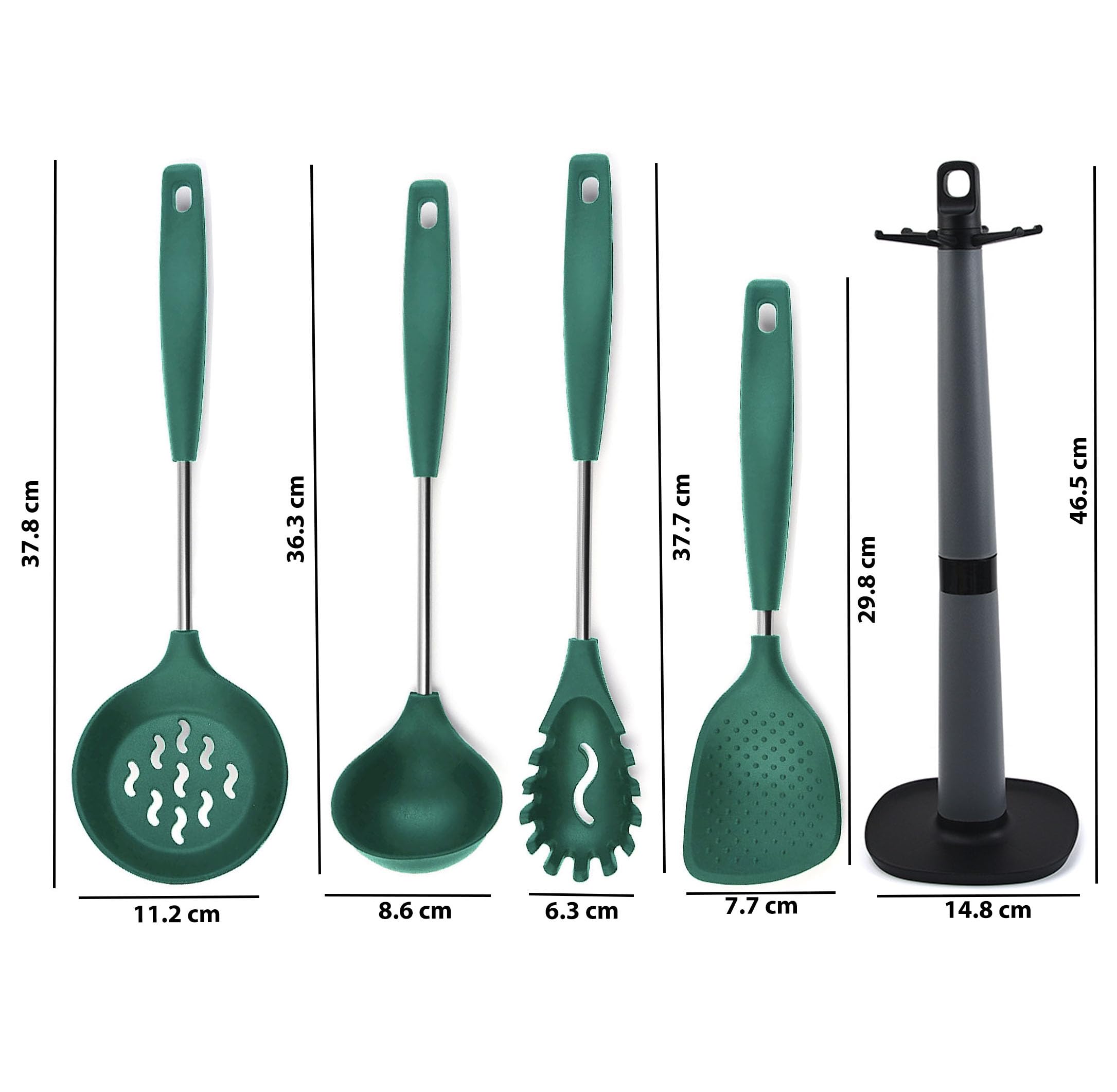 FS COOL Karchi for Cooking - Silicone Spaghetti Fork - Non Stick Rice Spoon - Skimmer Slotted Spoon - Spatula Stand - Soup Ladle - Slotted Spoon - Pasta Server - Scooper Spatula (Set of 5, Green)