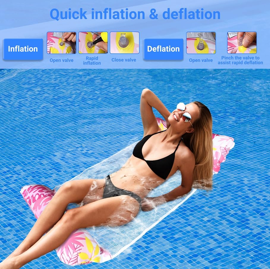 Set di 2 amache 4 in 1 con rete e amaca gonfiabile per piscina – Amaca per piscina & amaca ad acqua, lettino da nuoto e poltrona lounge per adulti e bambini, foglia d'acero blu e magenta