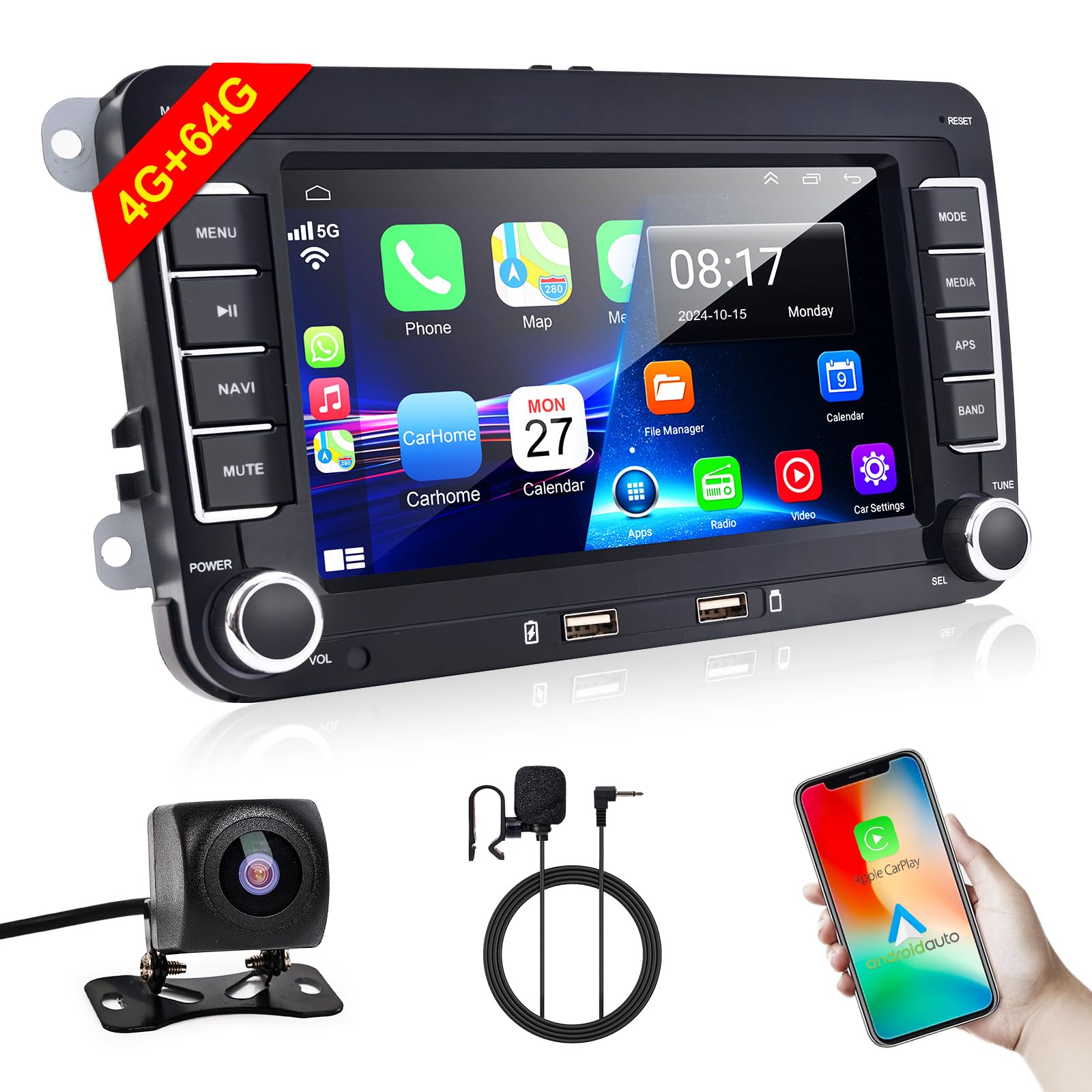 4G+64G Android 13 Car Radio for VW Jetta Passat Seat Golf Skoda Polo MK5, 7 inch Volkswagen Double Din Stereo Wireless CarPlay Android Auto Bluetooth GPS WiFi FM Radio+Backup Camera