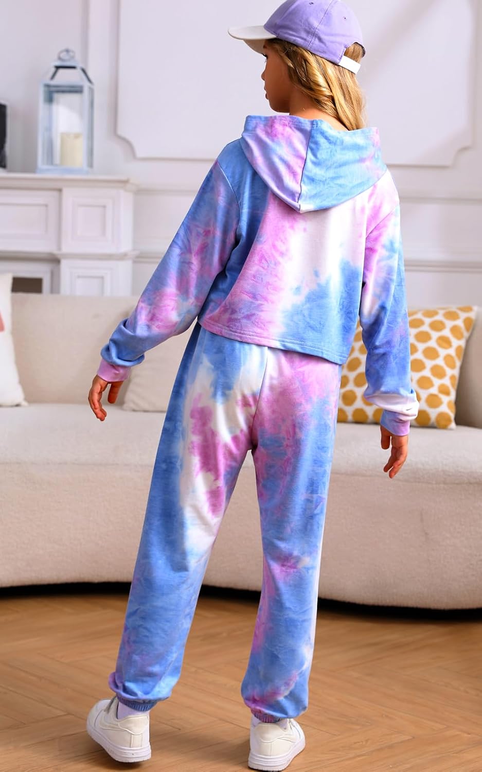 Frogwill ガールズ クロップトップス パーカー 2ピース ティーンの女の子向け 秋冬 グラフィック 絞り染め スウェットパン