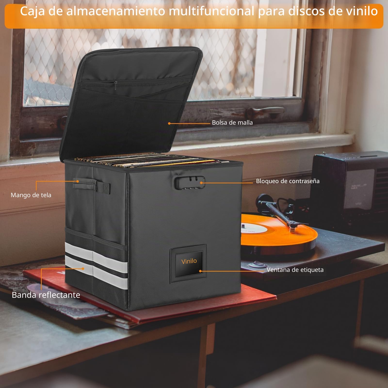 Neoteck Caja de Almacenamiento de Discos de Vinilo Ignífugo con Cerradura de Combinación, Bolsillo de Malla y Tiras Reflectantes para Djs y Entusiastas