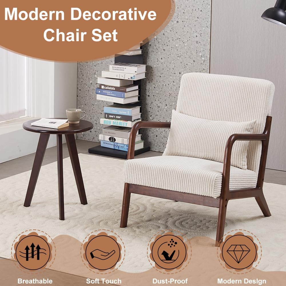 KEIKI Mid-Century Modern Upholstered Accent Chair with Matching Table, Chair and Table Set，Small Bedroom