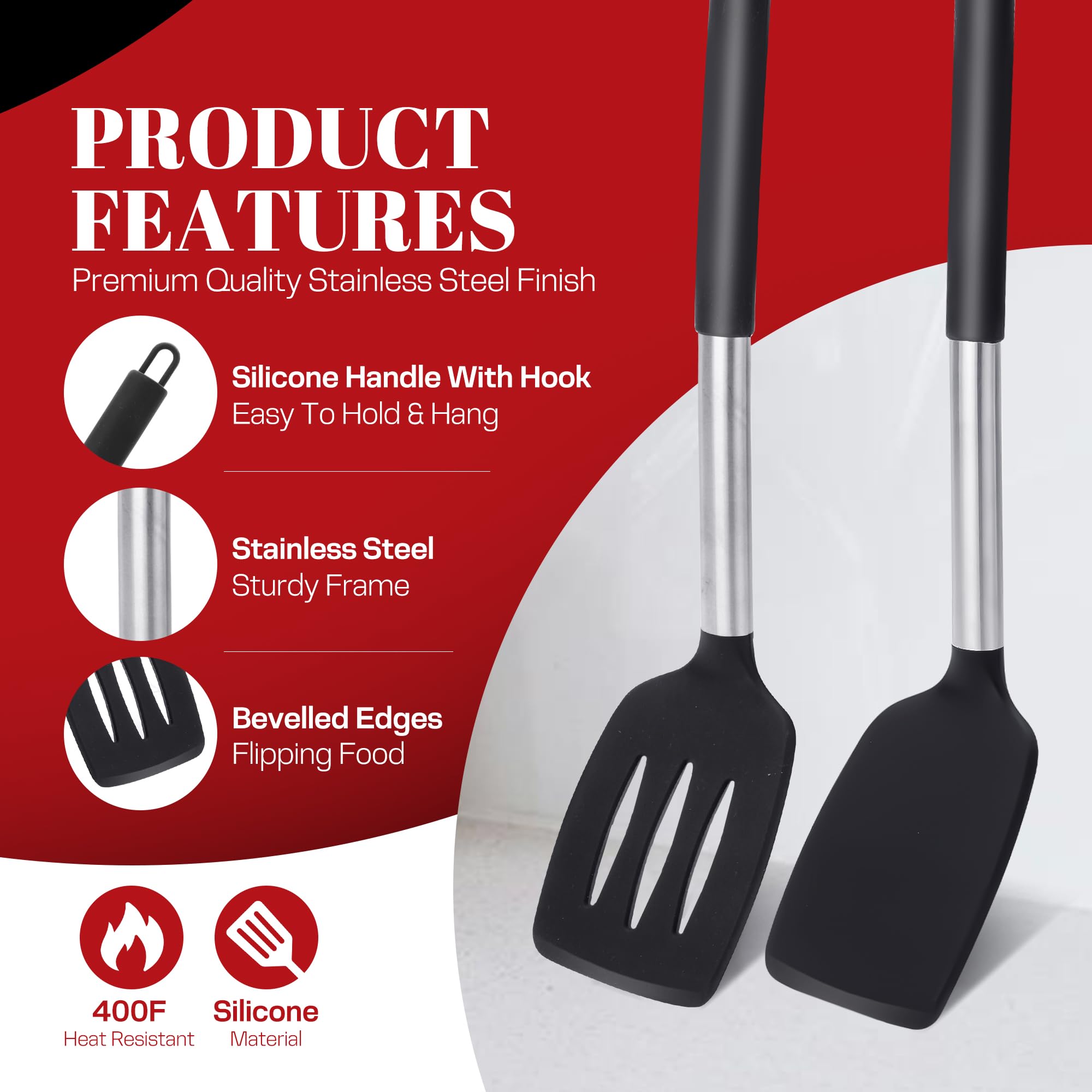 Espátulas de silicona para cocinar, espátulas negras de silicona resistentes al calor 200 °C para utensilios de cocina antiadherentes, juego de espátulas de silicona ranuradas y sólidas para cocinar