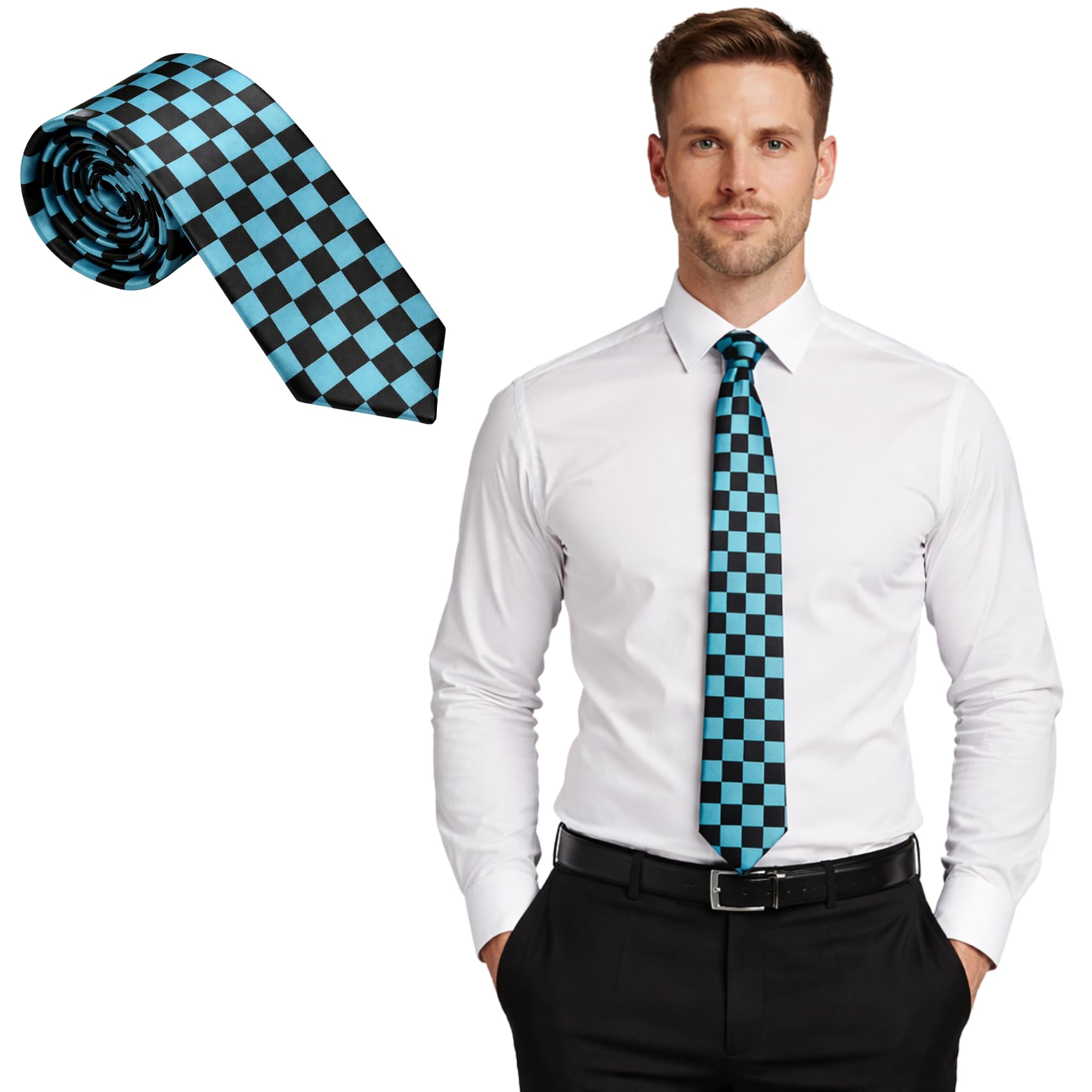FNA FASHIONS® Mens Classic Slim Skinny Satin Tie Adult Wedding Fancy Party Solid Plain Necktie (Black/Turquoise Checkered, One Size)