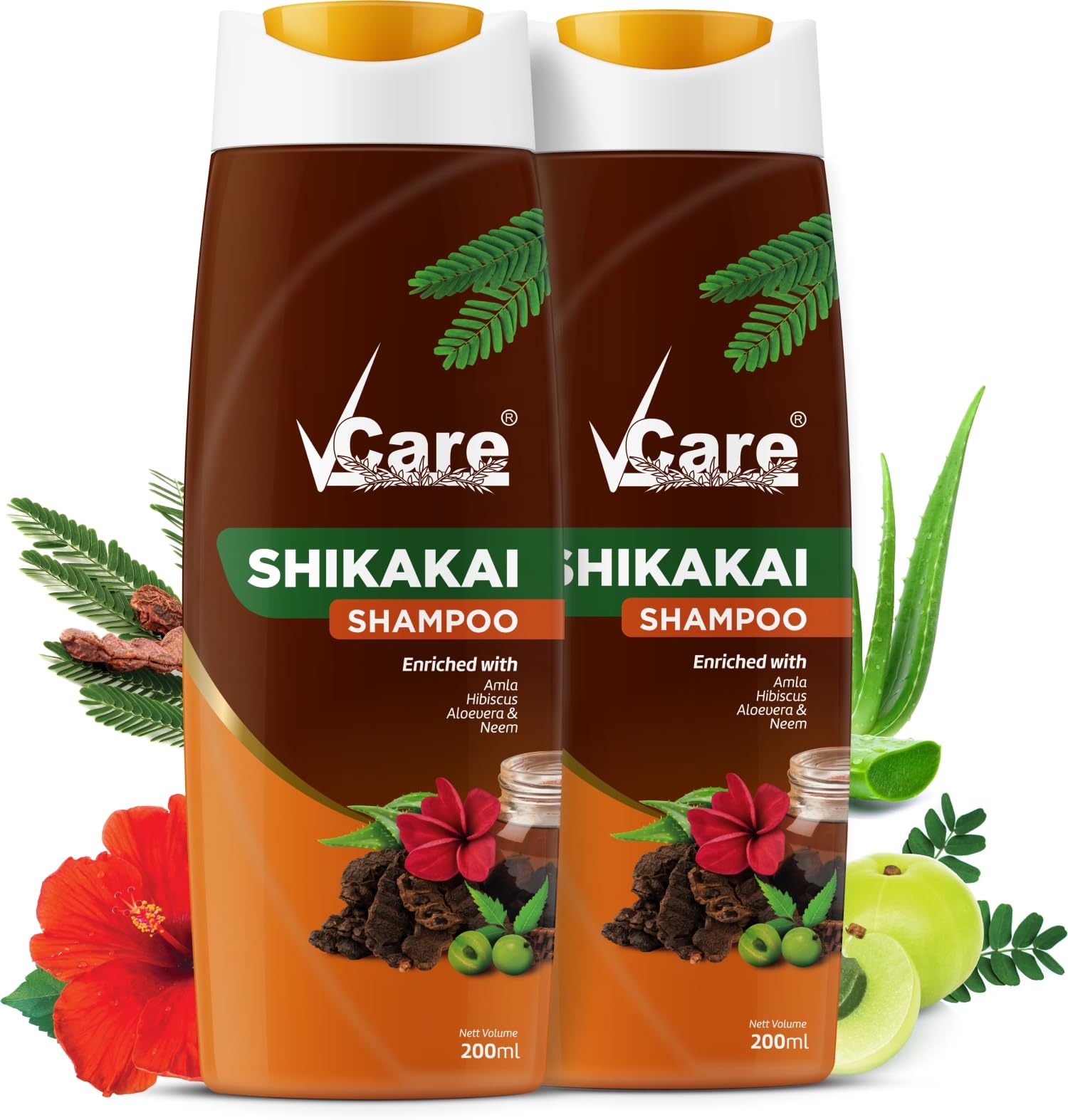 VCare Shikakai Shampoo, 200ml with Goodness of Aloe Vera & Neem, Amla, Hibiscus, Shikakai | Control Hair Fall and Hair Damage |For Men And Women Pack of 2