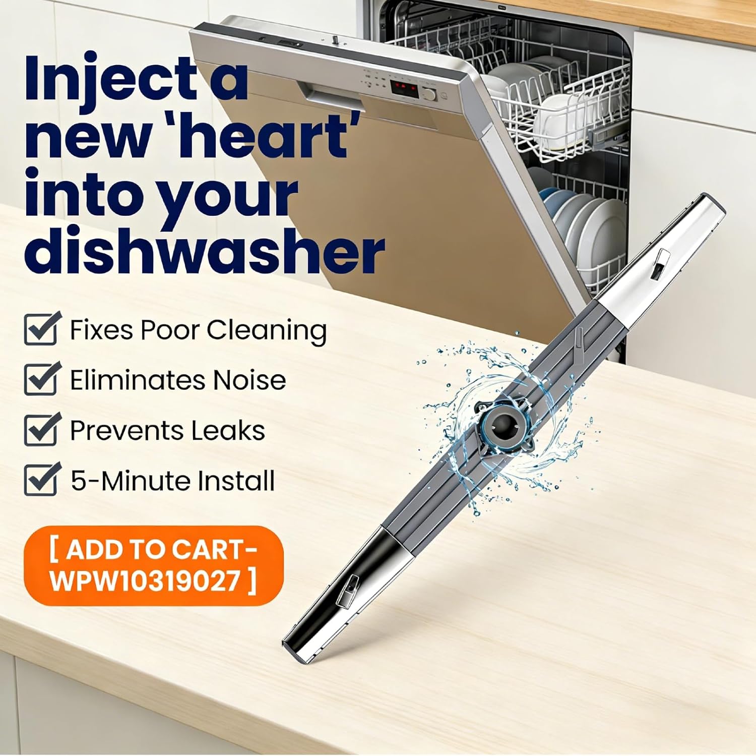 Replacement for Whirlpool Dishwashers Parts AP6019436 2209797 PS11752743 WDF520PADM WDF330PAHS ADB1400AGW WDF330PAHW, Middle Center Spray Lower Wash Arm Assembly W10319027