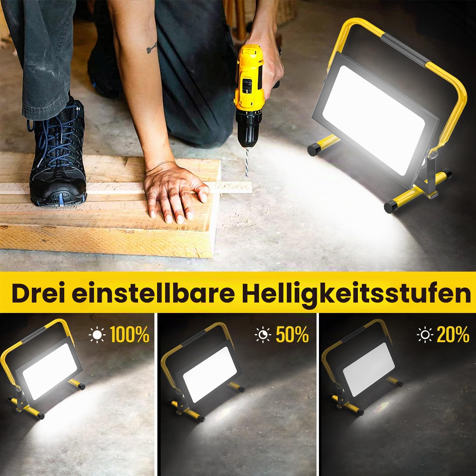 Viugreum LED Baustrahler 200W 20000lumen 6500K Einstellbare Richtung 230V Kaltweiss Scheinwerfer IP66 Wasserdicht Arbeitsscheinwerfer 3 Dimmstufen Bauscheinwerfer mit Stecker 3m Kabel für Baustellen