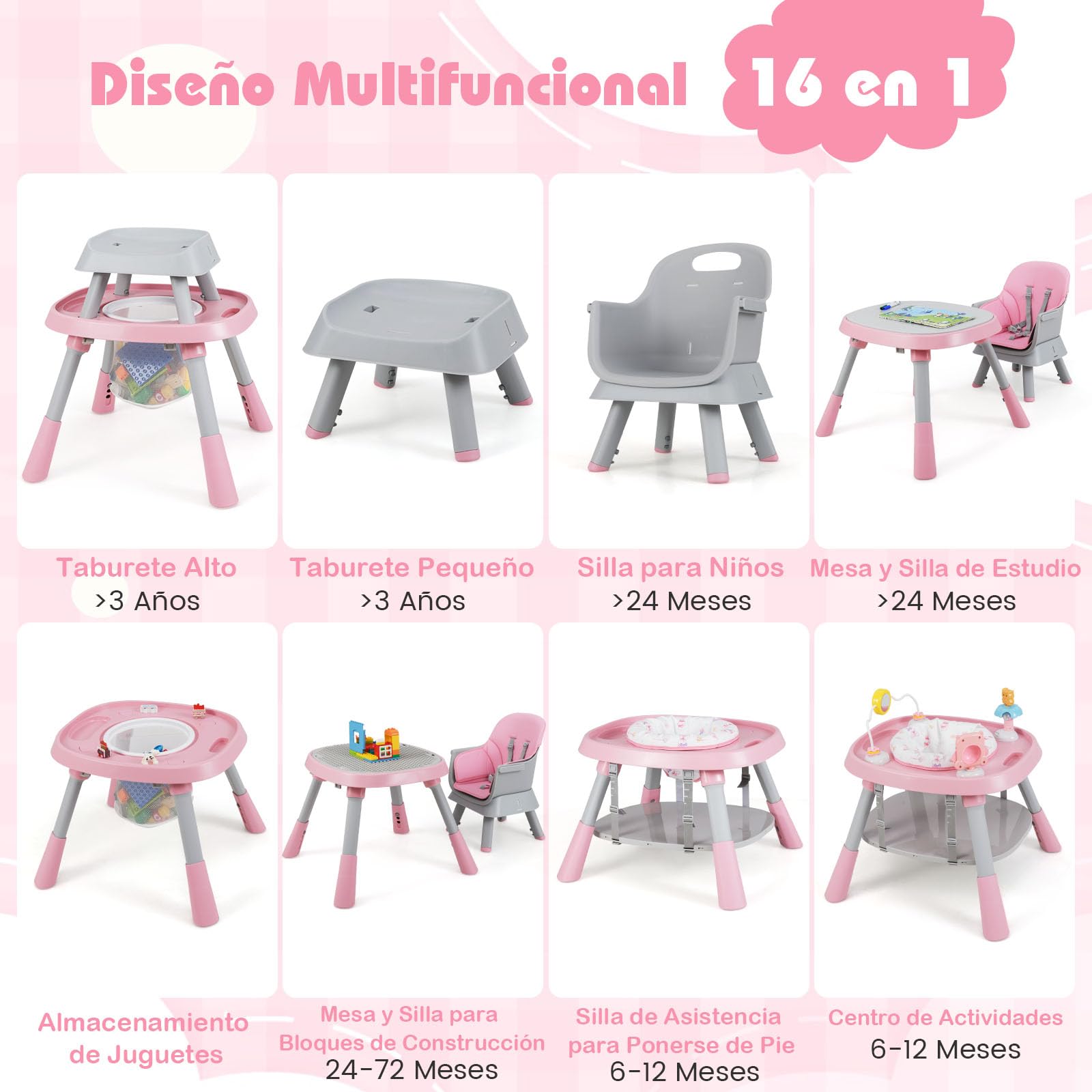 COSTWAY Trona Evolutiva Bebé 16 en 1, Trona Bebé con 3 Alturas Ajustables, Asiento Giratorio 360°, Bandeja con 3 Opciones y Mesa de Doble Cara, Silla de Comer para 6-36 Meses (Rosa)