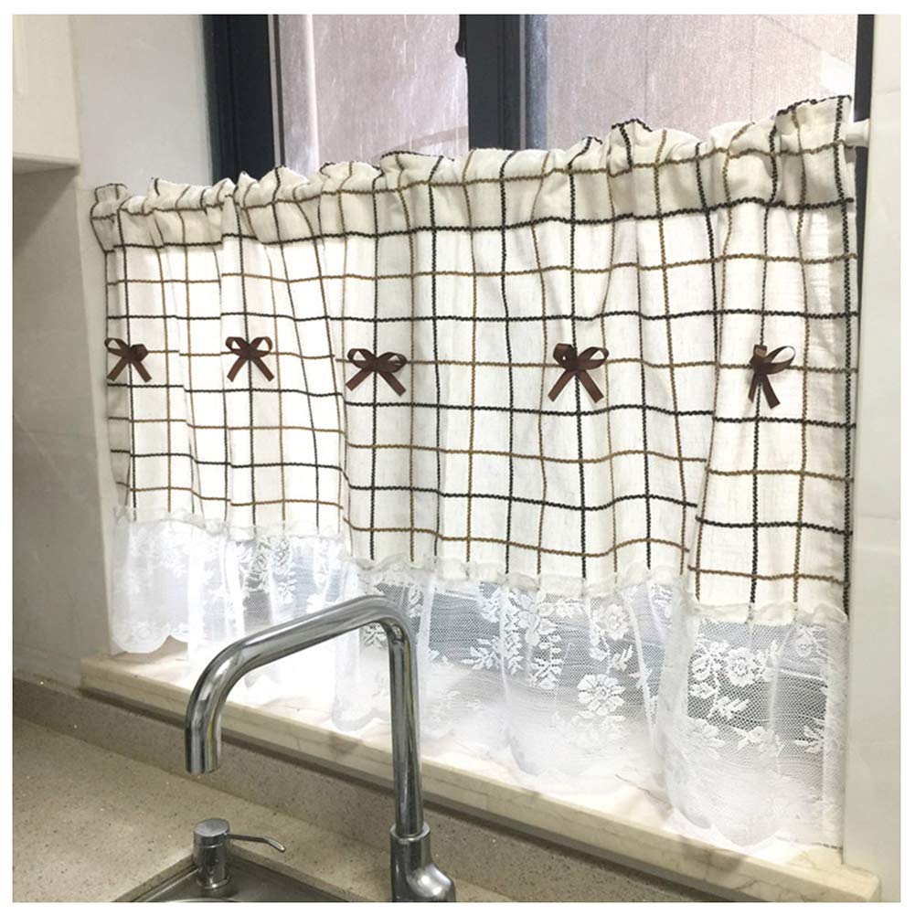 Cortina corta de algodón y lino OKUOKA, visillo a cuadros para cocina y ventana pequeña