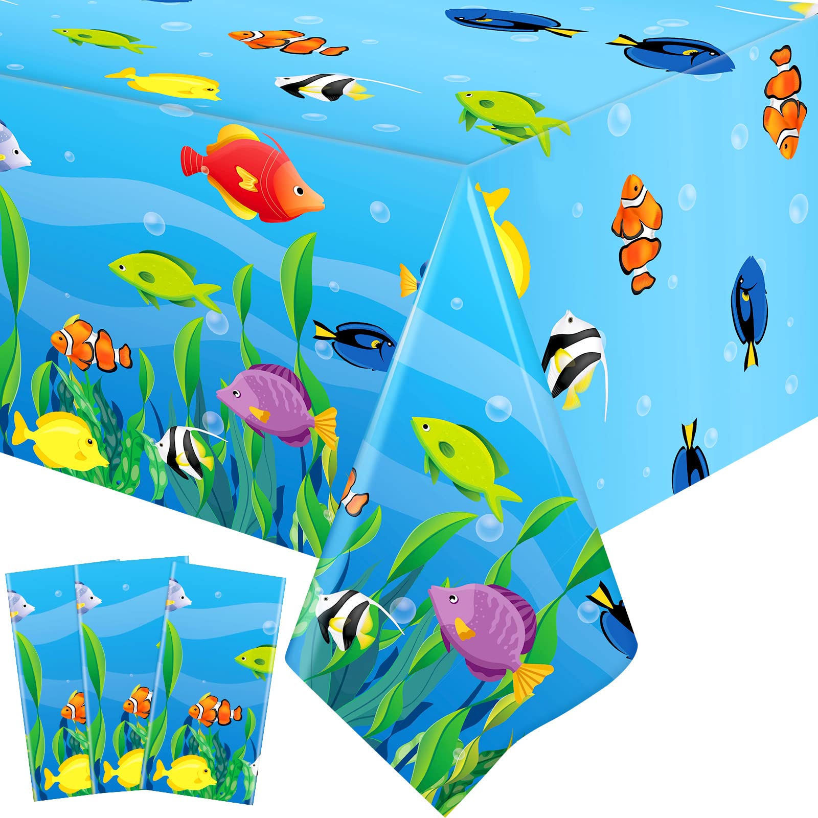 Oudain 3 Pcs Sea Tablecloths Ocean Animals Table Clothes Disposable Plastic Pirate Party Sea Tablecover 54'' x 108'' Waterproof Table Runner Shell