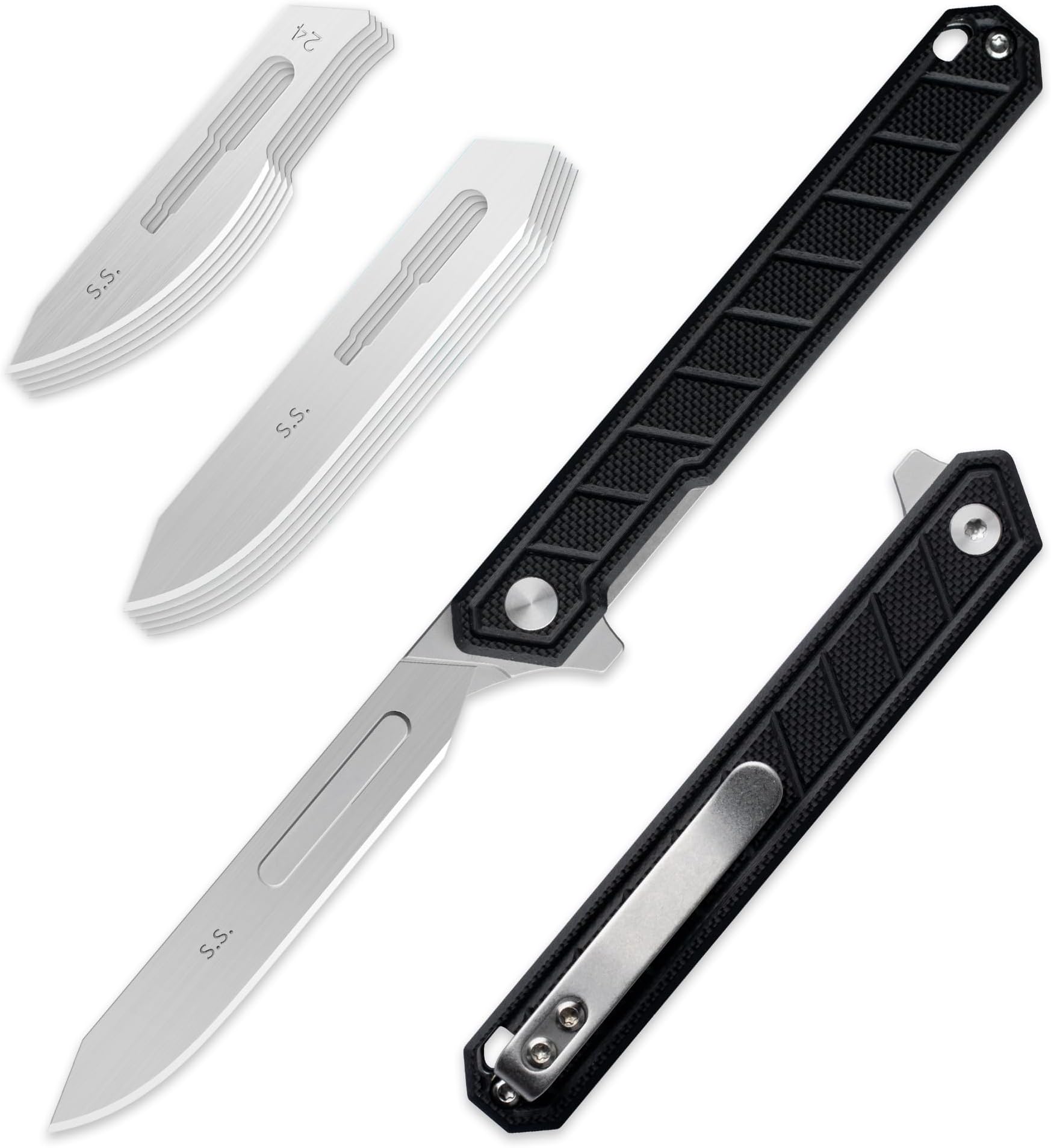 OLITANS G046 Mecha Mini Slim Folding Scalpel with 5pcs #24 and 5pcs #60 G11 Handle with Liner Lock, Utility EDC Pocket Knife with Back Clip๏ผBlack๏ผ