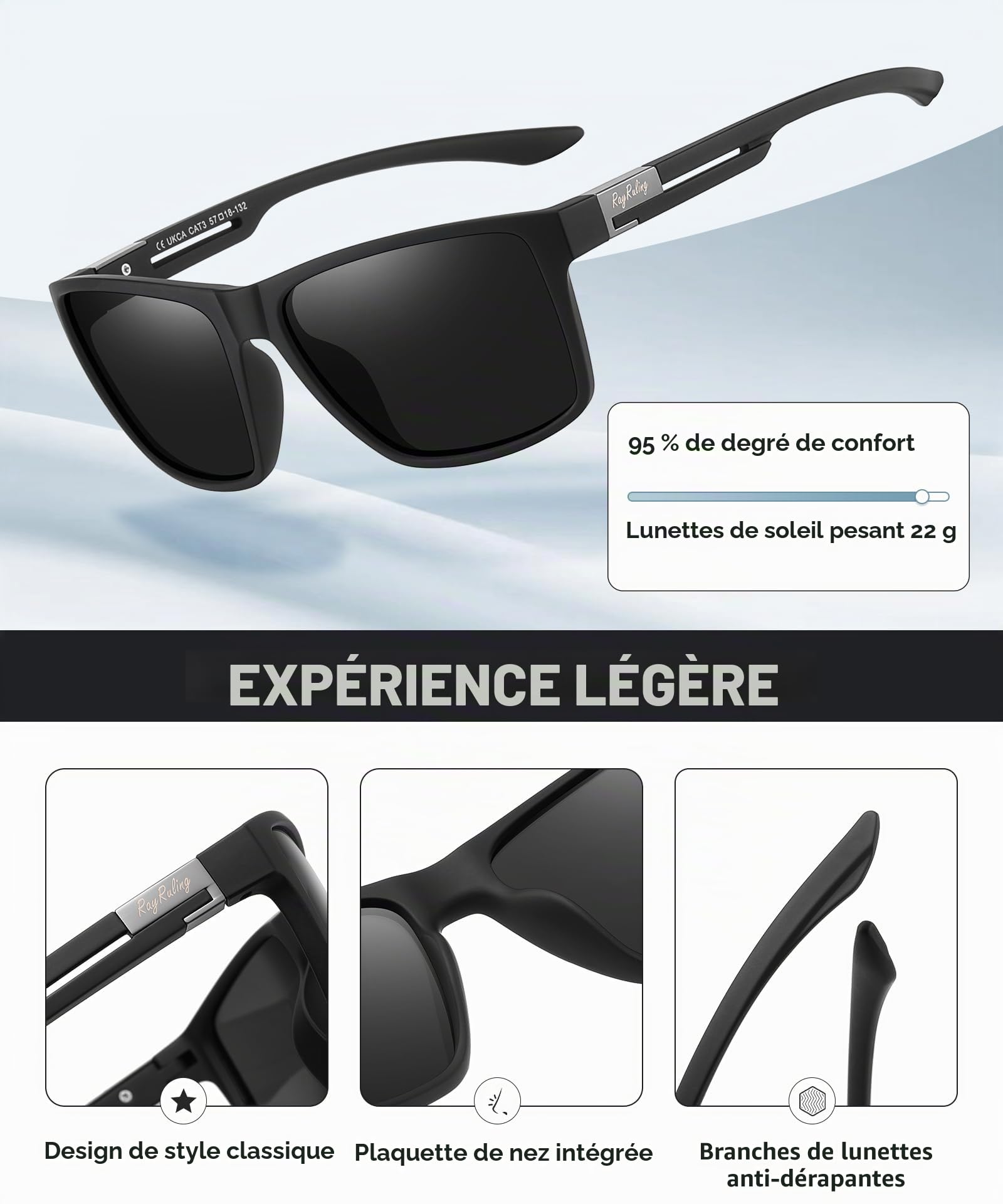 Lunettes de soleil polarisées homme femme, lunettes légères TR90 avec protection UV400, verres TAC anti-éblouissement pour conduite, pêche et usage quotidien, lot de 2