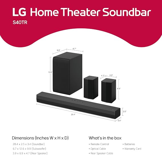 LG S40TR 4.1 ch. Home Theater Soundbar with Rear Surround Speakers and Wireless Subwoofer, Wow Interface, Dolby Audio, AI Sound Pro