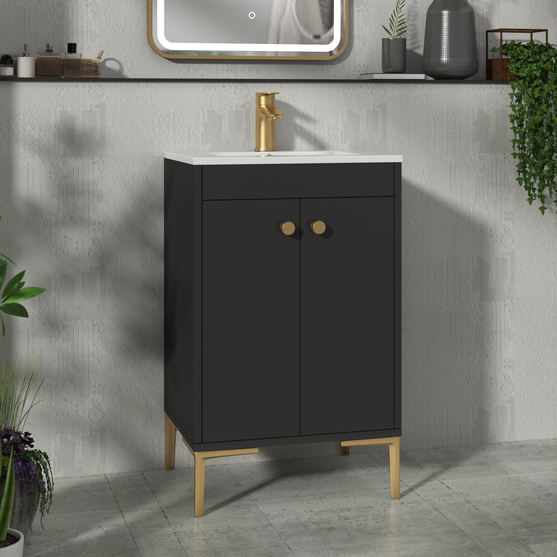 Royal Bathrooms Verona 500mm Floor Standing Vanity Unit Minimalist Basin 2 Door Cabinet Furniture Matt Black with Brushed Brass Knob
