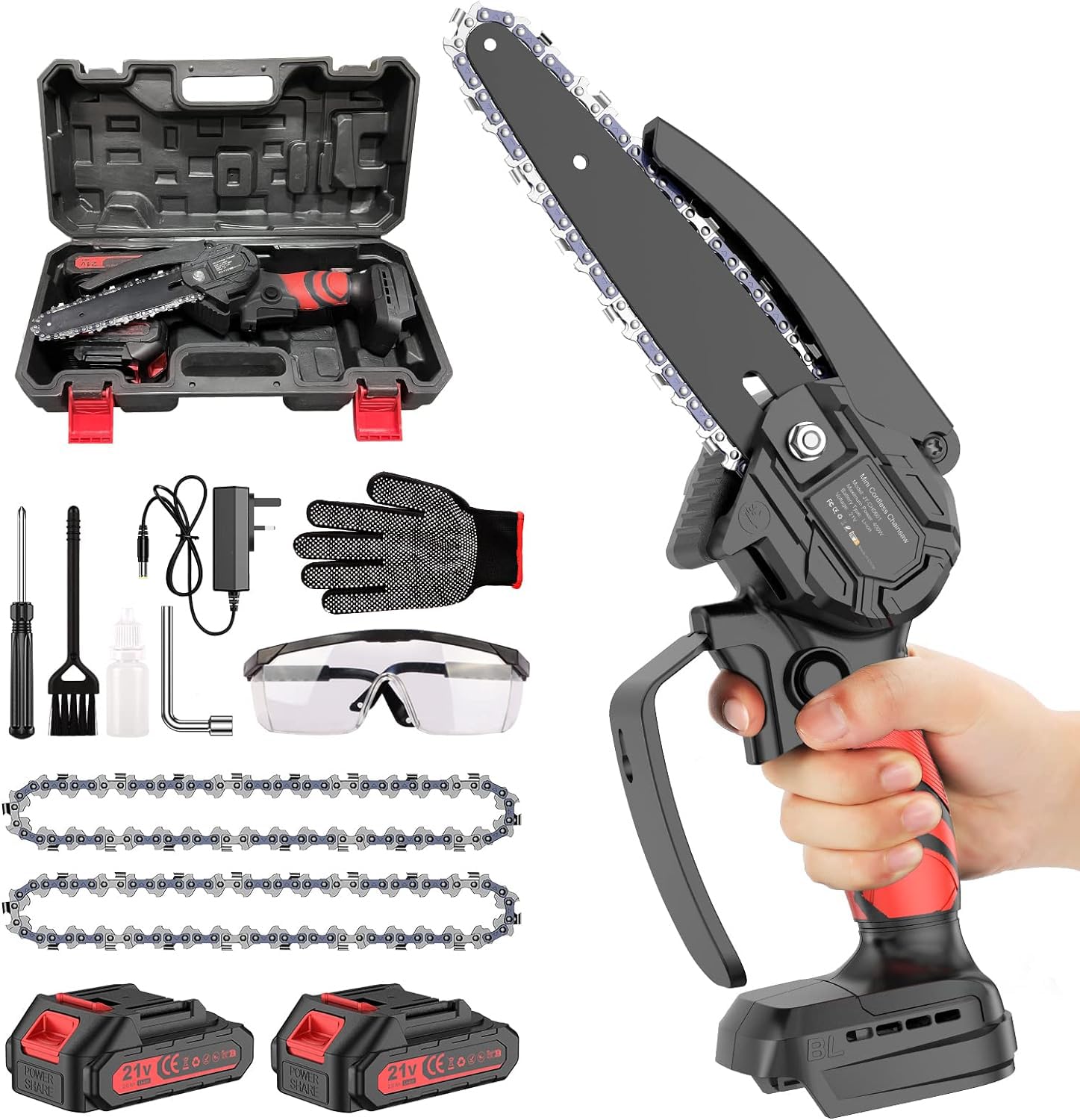 Mini Chainsaw Cordless, 6 Inch Electric Chainsaw with Battery 2 * 2000mAh, Small Hand Held Chain Saw Battery for Cutting Trees and Wood