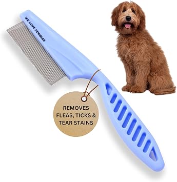 Dog Face Comb, Flea Comb for Dogs, Fine Tooth Tearstain Remover Metal Comb, Removes Crust, Mucus, and Stains, Face Brush for Poodles & Other Breeds, Grooming Brush for Pets, Small [We Love Doodles]