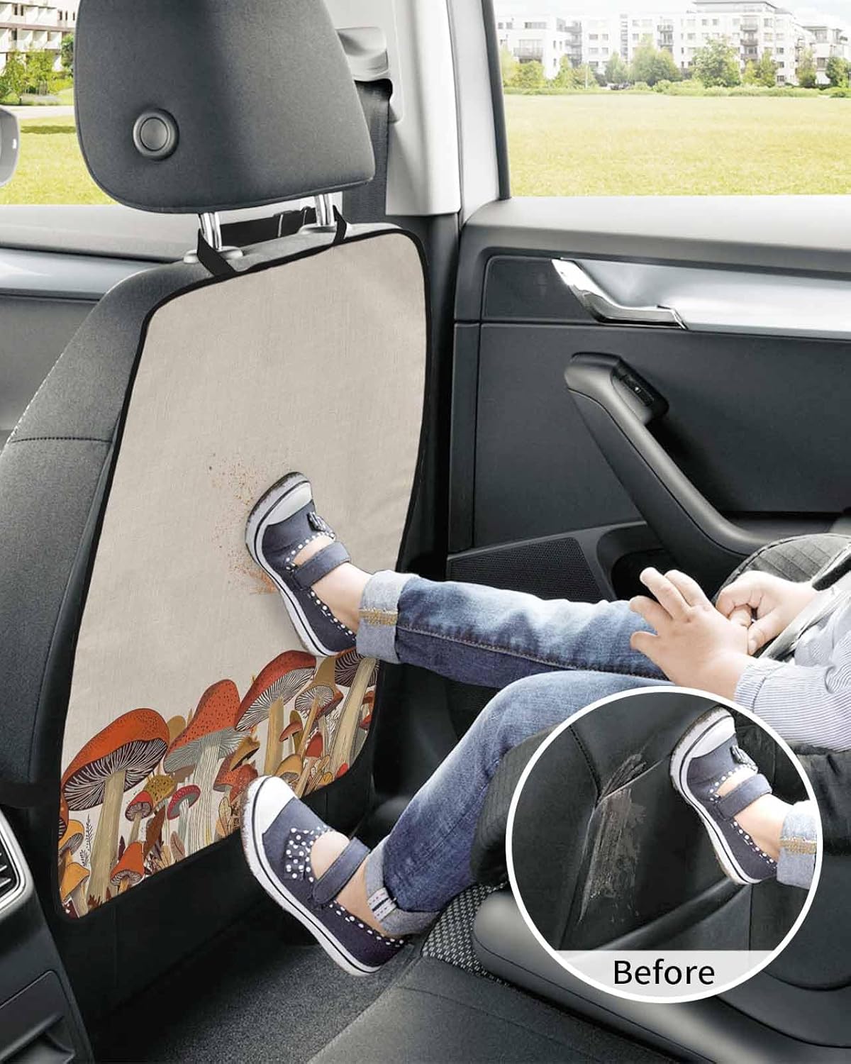 Car Seat Protector, 2 Pack Kick Mats Back Seat Protector Fall Thanksgiving Mushroom Vintage Maple Leaves Linen Waterproof Backseat Cover for Kids Universal Fit Automotive Interior Protectors