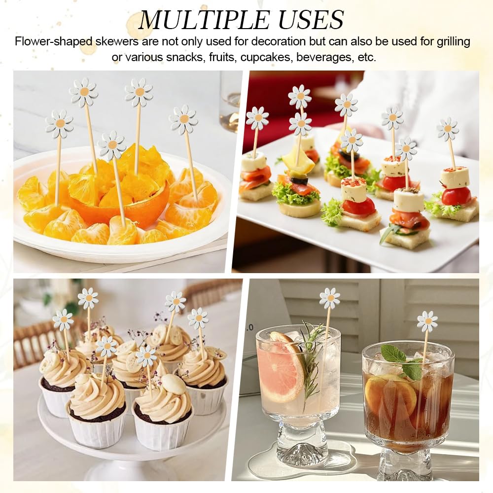 100 Piezas Palillos de Cóctel 12 CM,Palillos para Aperitivos de Bambú con Crisantemo, Brochetas Decorativas para Pinchos,Palitos para Brochetas de Frutas para Cumpleaños, Fiesta, Hamburguesas