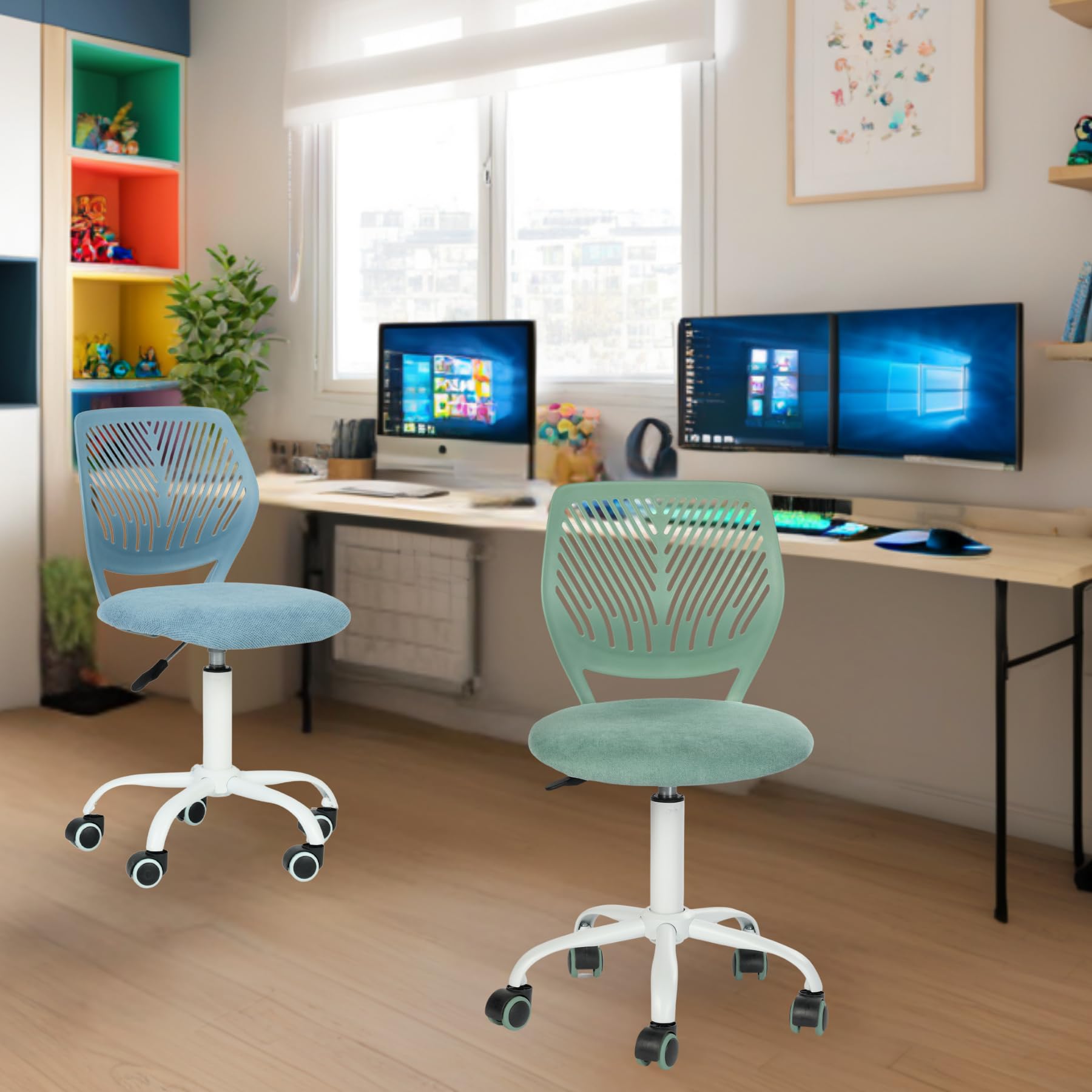 FurnitureR Silla de Escritorio, Moderno diseño Ajustable, para Ordenador, giratoria, sin reposabrazos, para habitación de los niños, Trabajo en casa, Oficina, Tejido, Morandi, Aguamarina