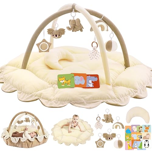 Gimnasio de peluche 5 en 1 para bebés, tapete para el tiempo de barriga, tapete de juego, gimnasio para bebés, tapete de actividades con gimnasio