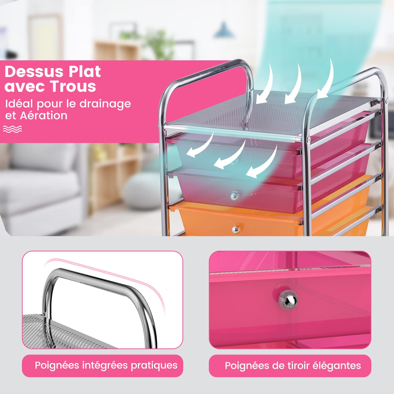 GOPLUS Chariot de Rangement à Roulettes avec 10 Tiroirs en PP, Tour de Rangement Mobile avec Poignée, Tablette Grand, Cadre en Métal, 37x33x86CM, Meuble Desserte pour Salle de Bain, Cuisine, Bureau