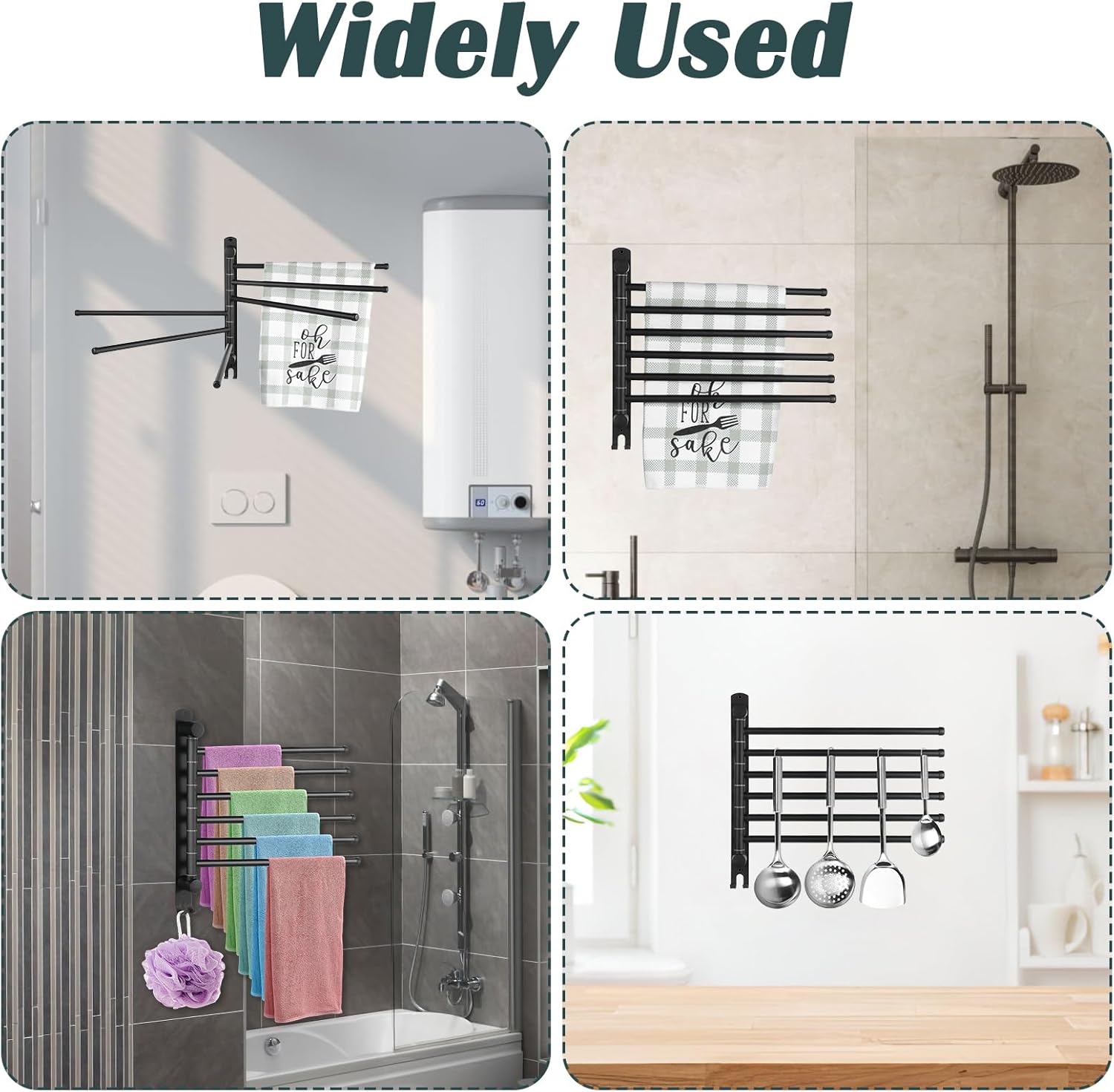 Swivel Towel Rack, Towel Bar with Wall Mounted 180° Rotation, 6 Arms Towels Hanger SUS 304 Stainless Steel, Space Saving for Kitchen, Bathroom, Outdoor (Matte Black)