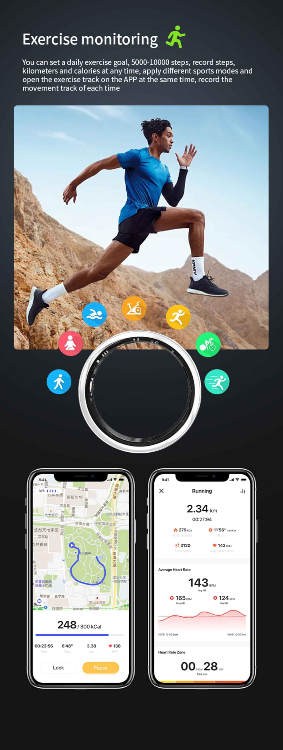Anello intelligente Bluetooth per uomo e donna, grande anello di monitoraggio dell'attività fisica con cardiofrequenzimetro e ossigeno nel sangue, contatore passi, nero #13