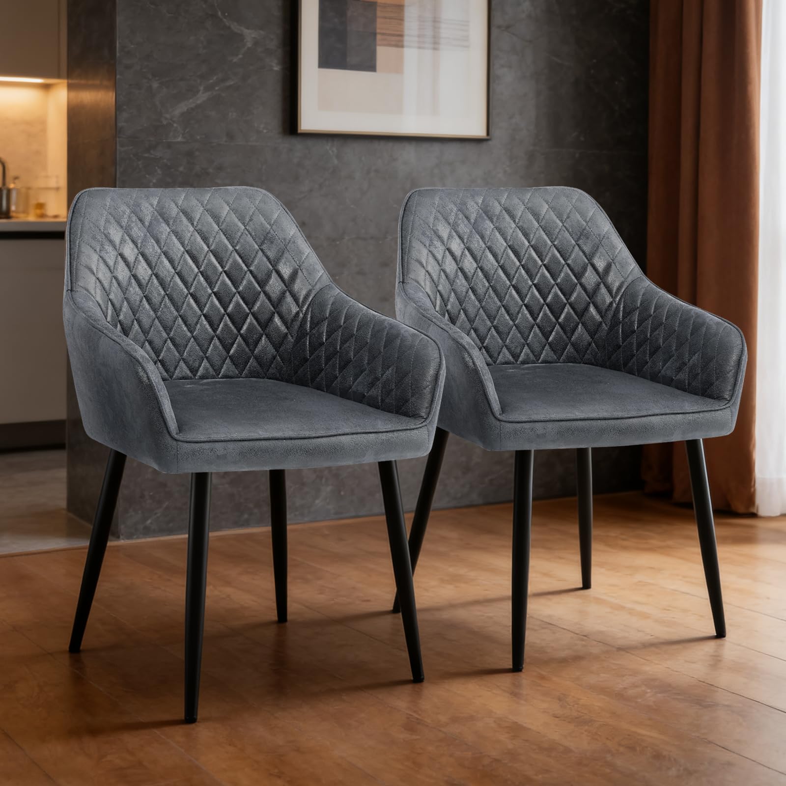 ZOONFA Upholstered Dining Chairs Set of 2 Suede Kitchen Chair with Backrest Armchairs with Black Metal Legs Accent Chairs for Living Room Office (Dark Grey)