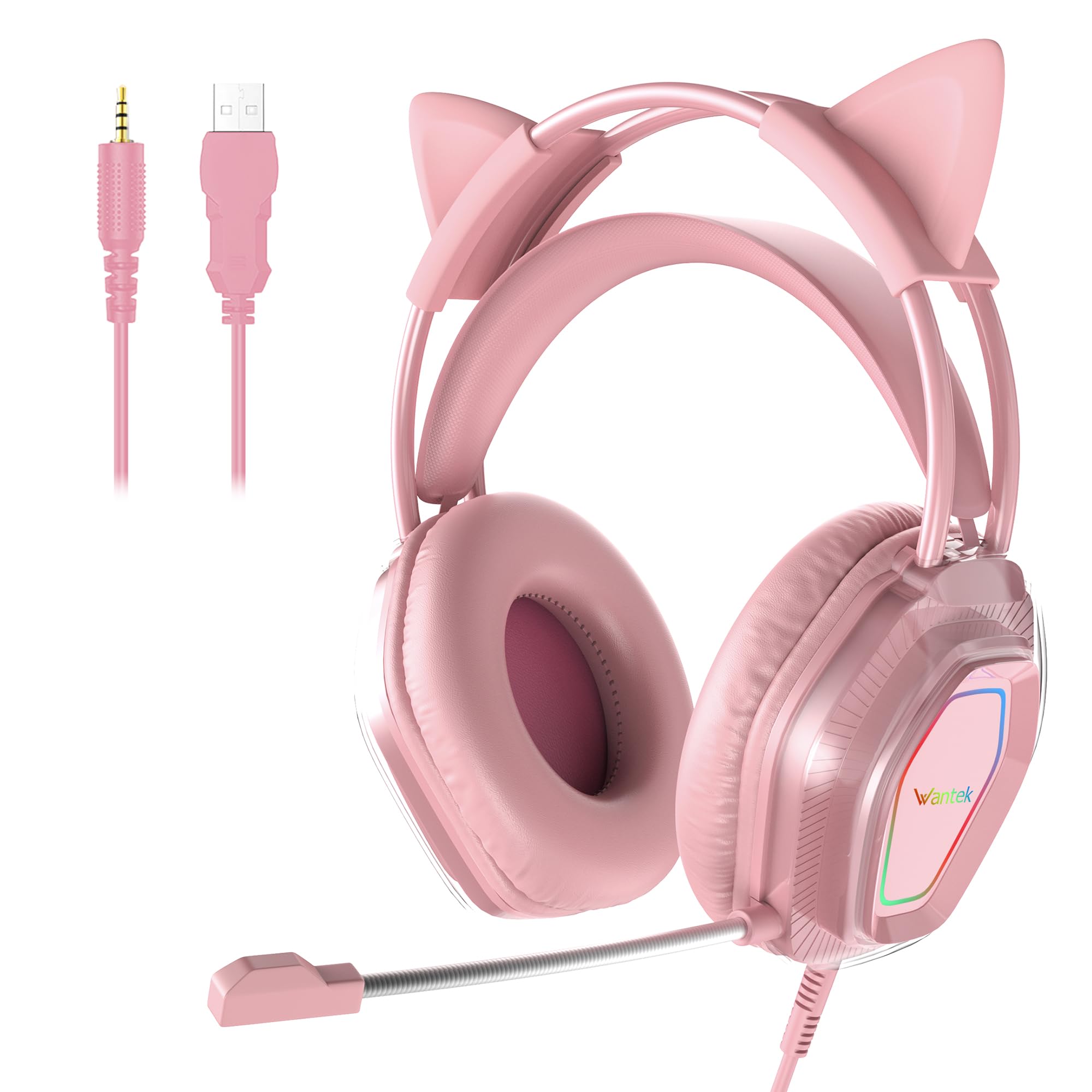 Wantak Gaming Headphones with Microphone - Cat Ears (3.5mm/USB Connection) - Headset for PC/PS5/Xbox - Noise Cancelling, HiFi Sound 20-20,000Hz - Lightweight and Comfortable for Girls (Pink)