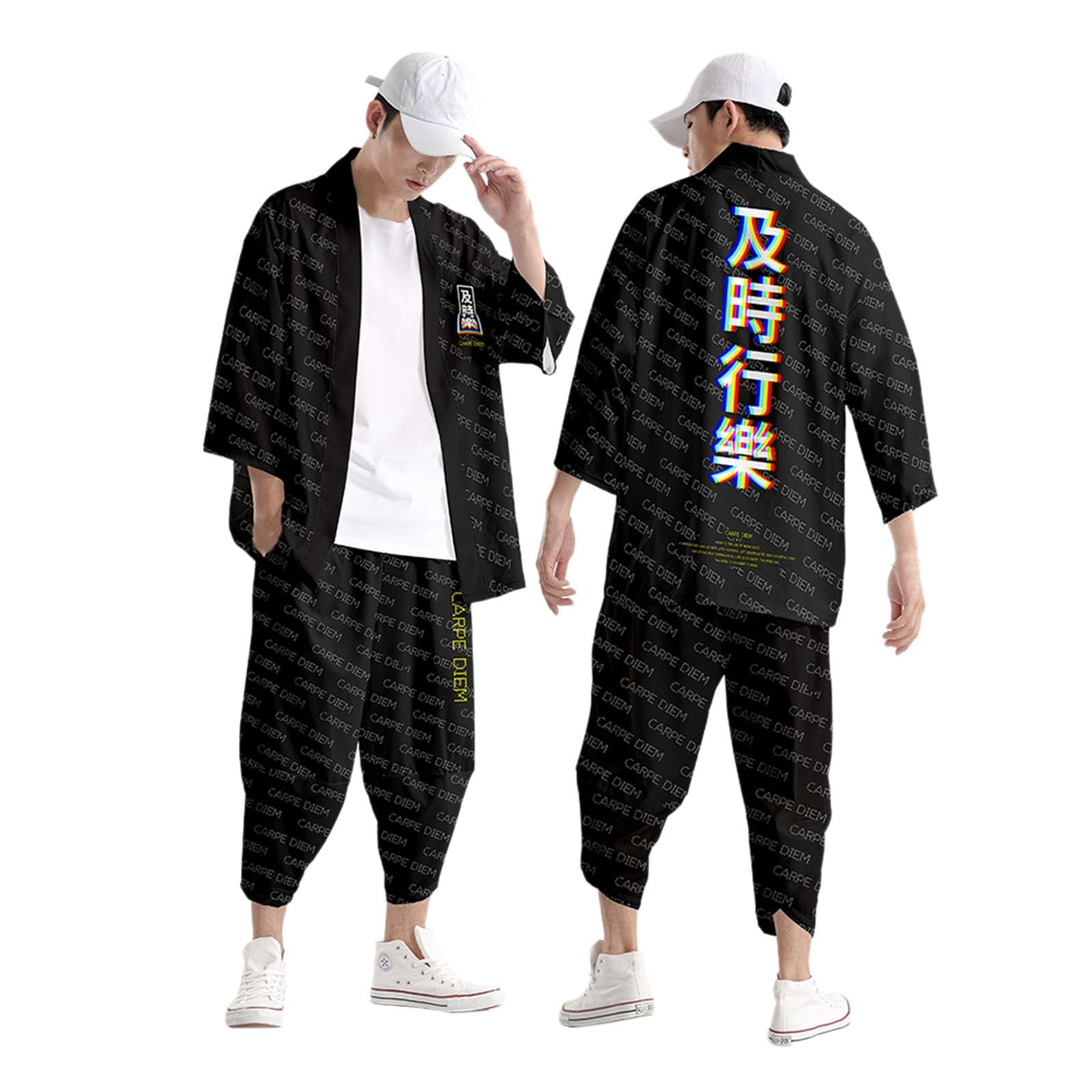 Conjunto de kimono para hombre, estampado japonés, cárdigan de manga 3/4, chaqueta y pantalón sueltos de dos piezas, trajes de verano tradicionales, albornoz tradicional, pantalones harén