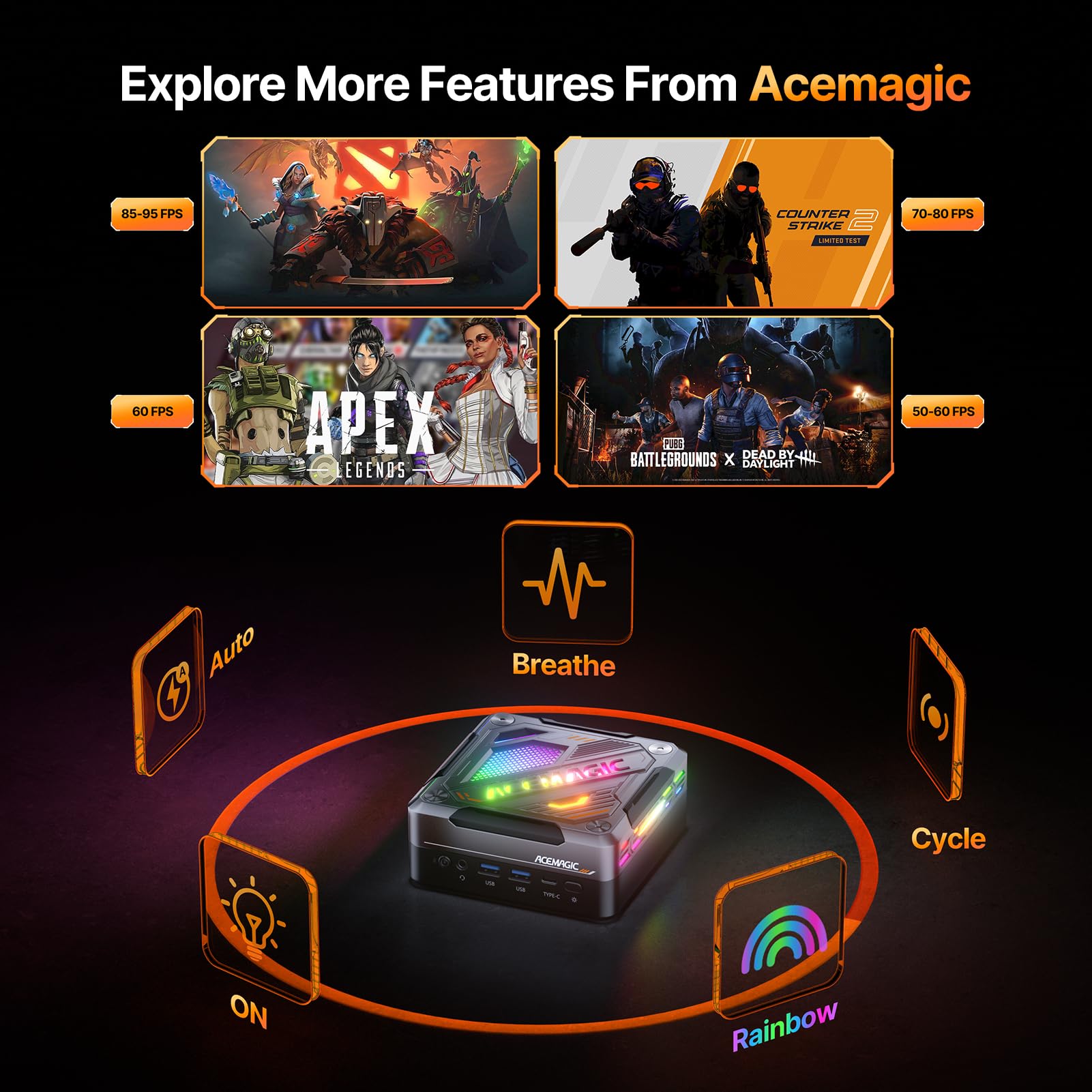 Mini PC Gaming RGB AMD Ryzen 7 7840HS (do 5,1 GHz), 32 GB DDR5 512