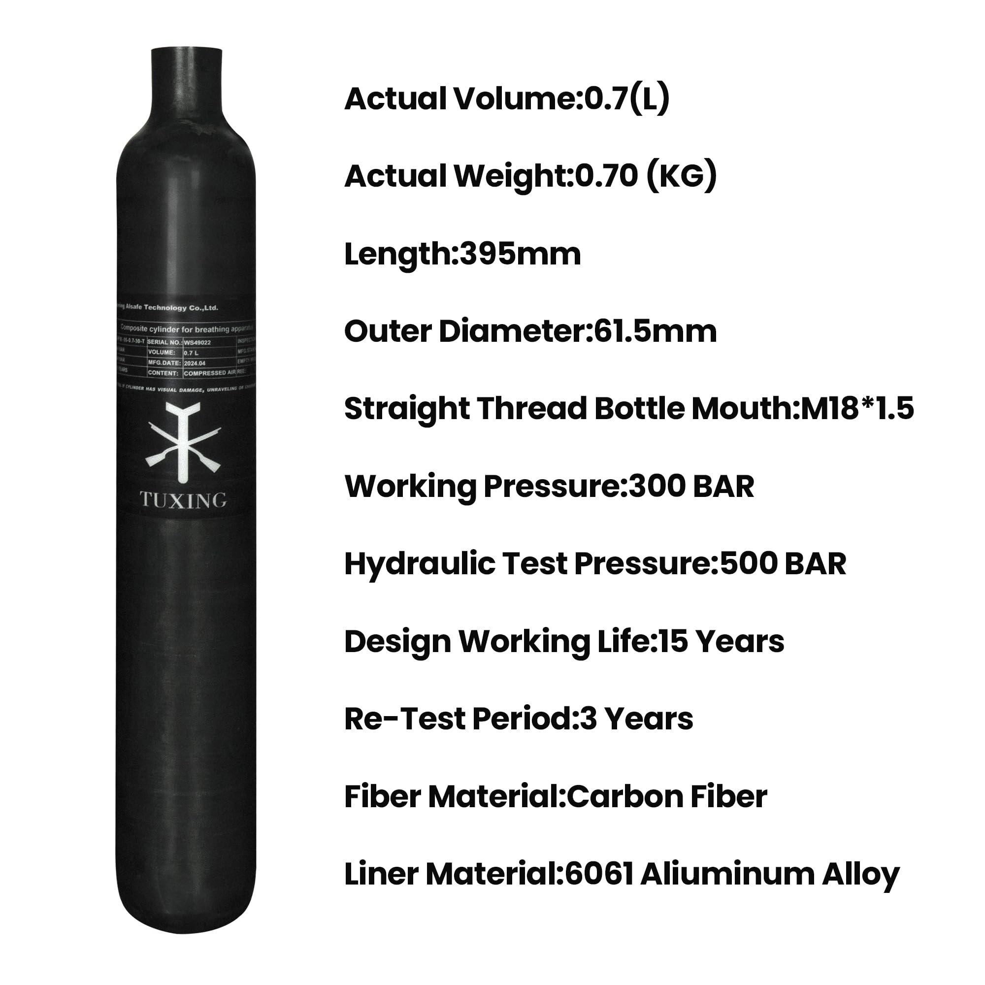 TUXING 30Mpa 4500Psi 0.7L 42Cu en 700cc Tanque HPA de Fibra de Carbono, Cilindro de Gas, Paintball Hunting para PCP Air Rifle Gun Daystate y FX Thread M18 * 1.5