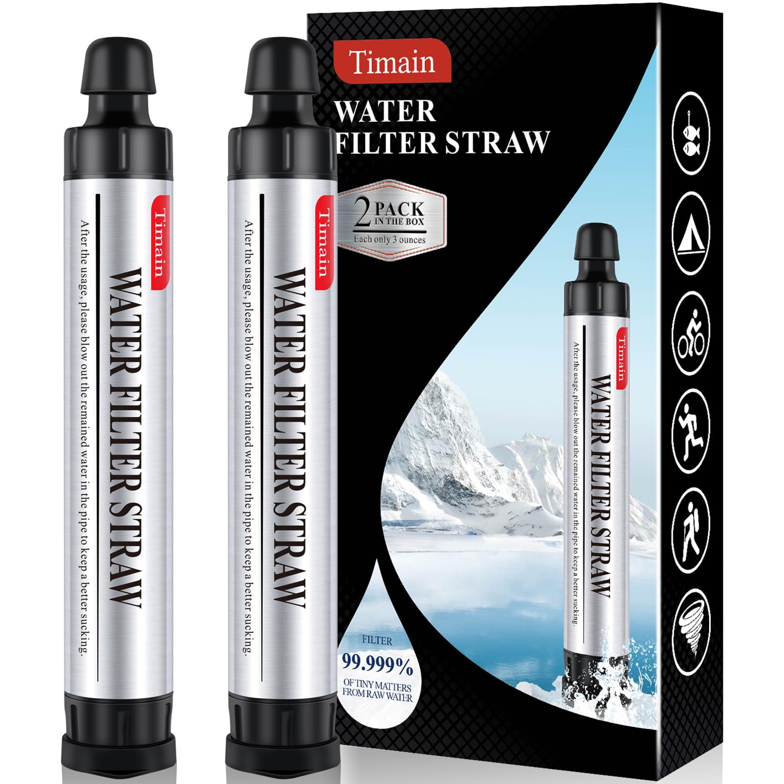 2 Pack Timain 4-Stage Filtration,High Flow Rate Water Filter Straw,Water Purifier Survival for Emergency Kits,Travel,Camping, Hiking,Fishing,Hunting (2)
