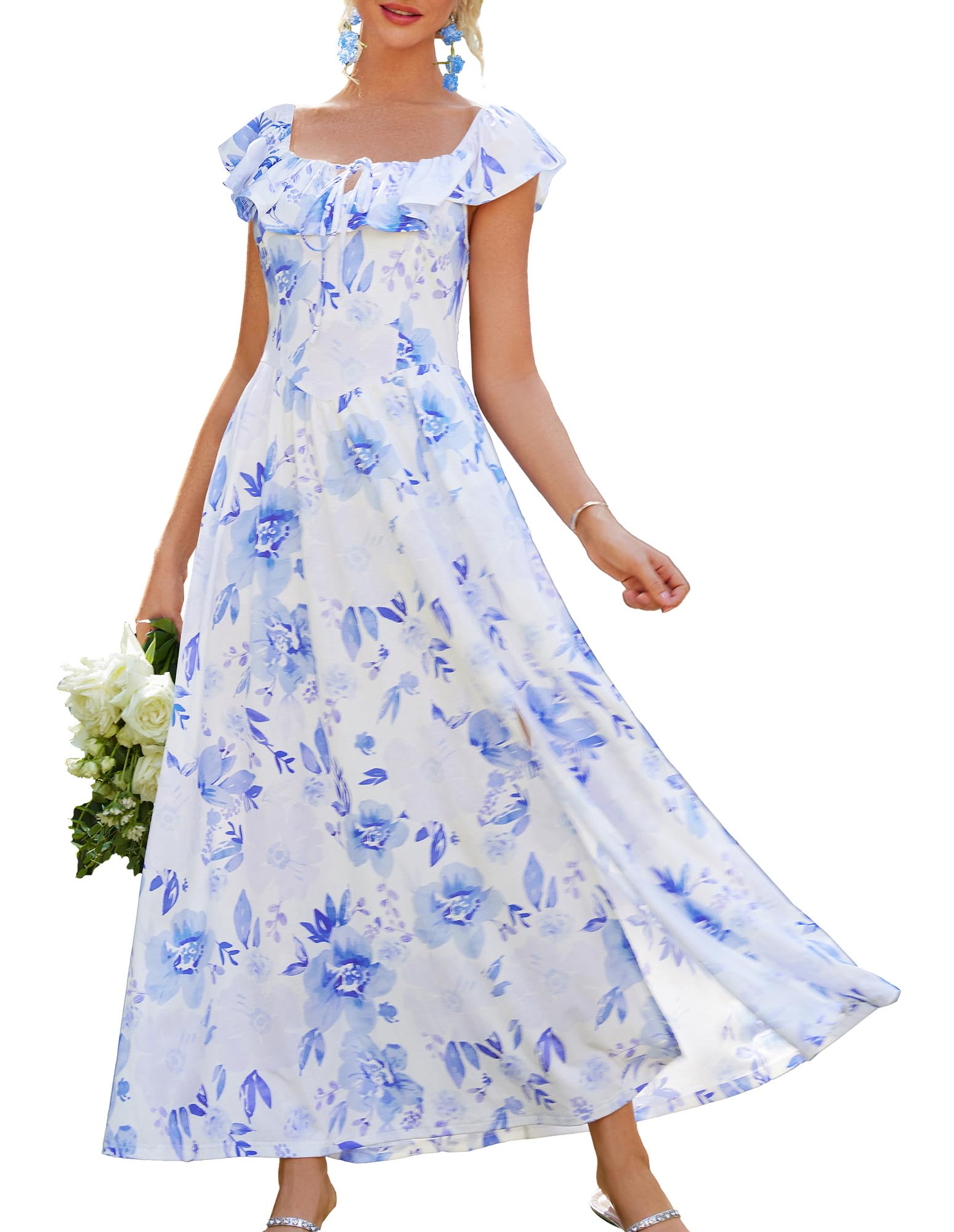 GRACE KARIN Elegante Bloemenjurk Dames - Gerimpelde Mouwen Midi Jurk Met Zakken