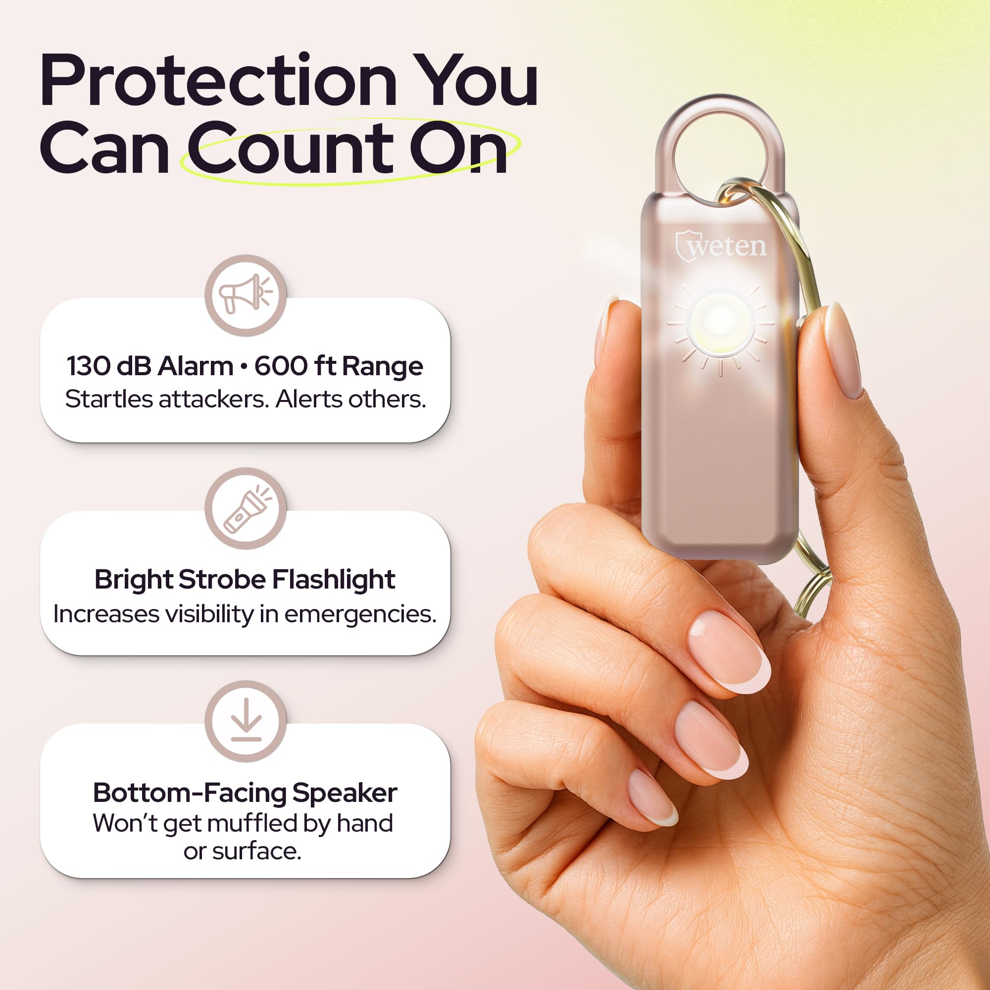 Weten Llavero de alarma de seguridad personal, sirena de 130 dB con altavoz inferior, luz LED, pulsera y clip de mosquetón, alarma de autodefensa resistente a la intemperie con alerta de batería baja