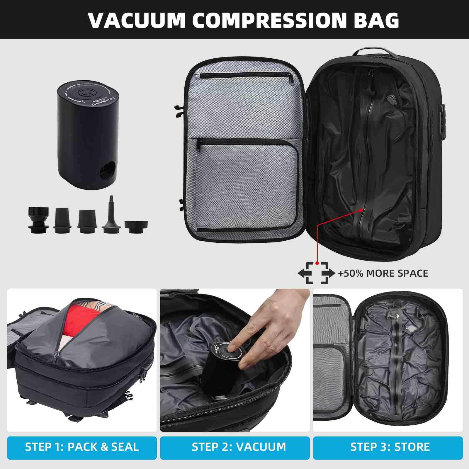 KINGSLONG Vacpack Rucksack, 60 l, erweiterbarer Rucksack mit Pumpe und TSA-Zollschloss, Schwarz