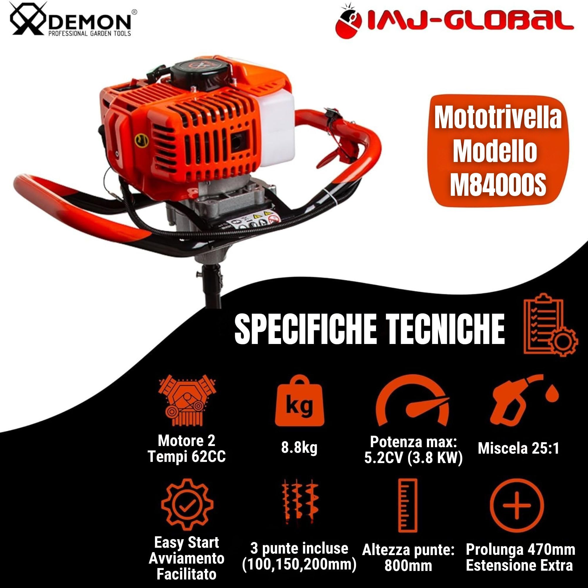 IMJ-Global - Trivella a Scoppio DEMON da 62cc - 5,2CV con Motore a 2 Tempi Miscela Benzina:Olio, Trivella per Terreno, da Giardino, Mototrivella a Scoppio Professionale com 3 Punte Ø100mm, 150mm 200mm