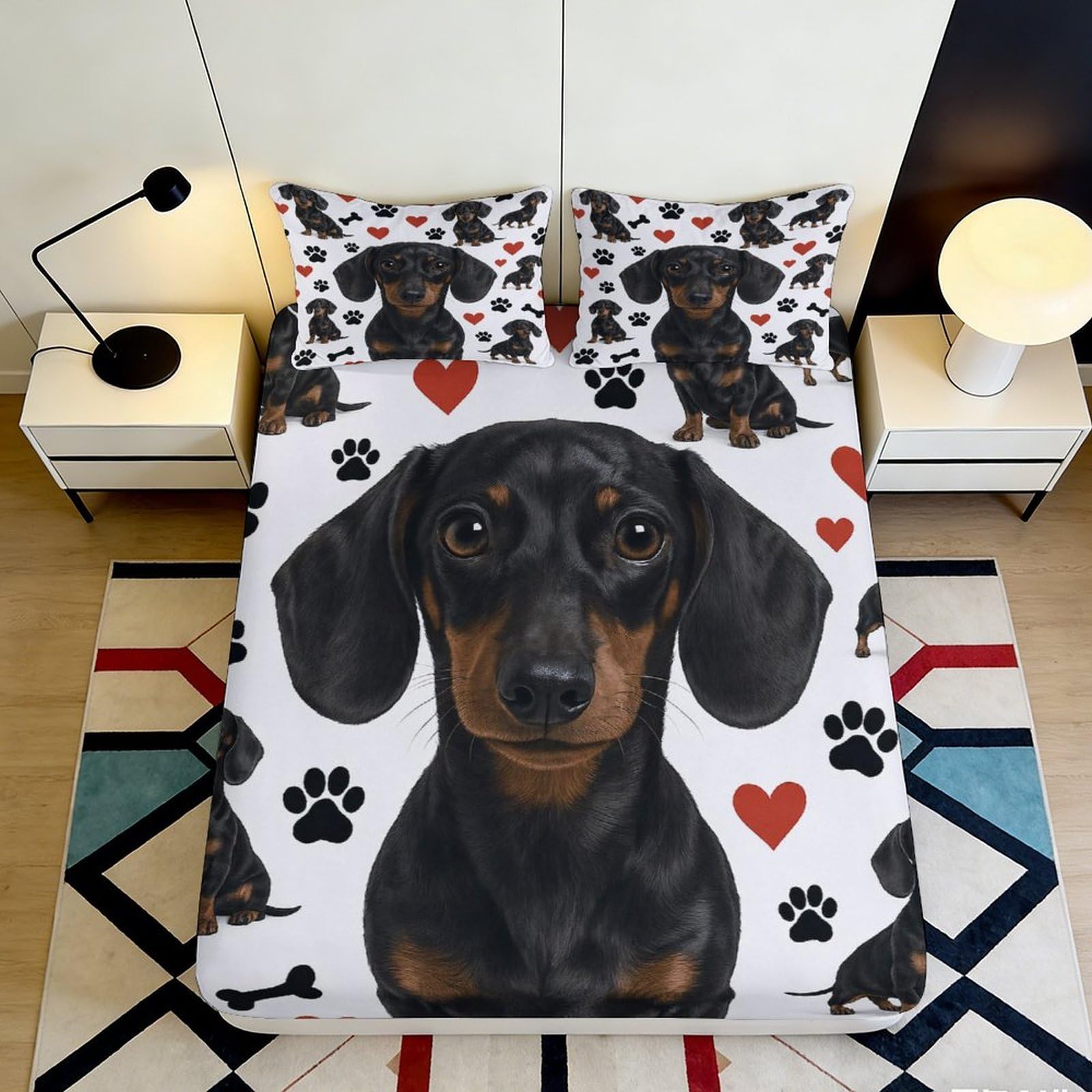 3D Printed Dachshund Dog Fitted Sheet Microfiber Soft Black Puppy Paw Bed Cover for Bedroom Dorm Mattress Decor 90x200x25cm